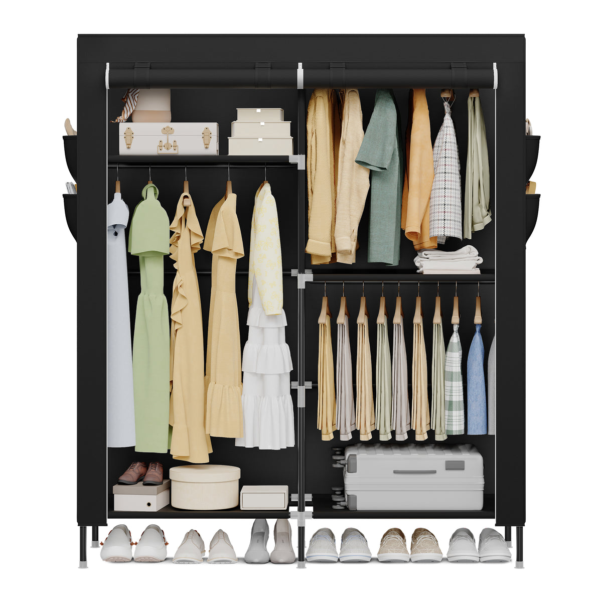 Portable Closet, Fabric Wardrobe with 3 Hanging Rods, Clothes Rack with Shelves & Side Pockets, Large Capacity, Space-Saving, Black