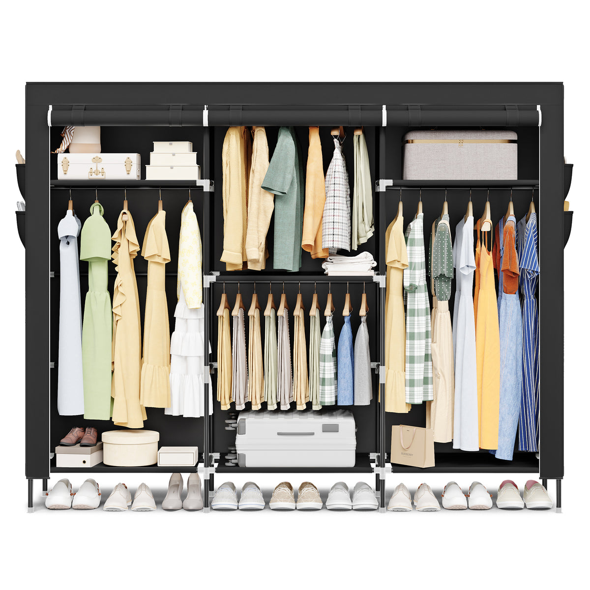 Portable Closet, Fabric Wardrobe with 4 Hanging Rods, Clothes Rack with Shelves & Side Pockets, Large Capacity, Space-Saving, Black