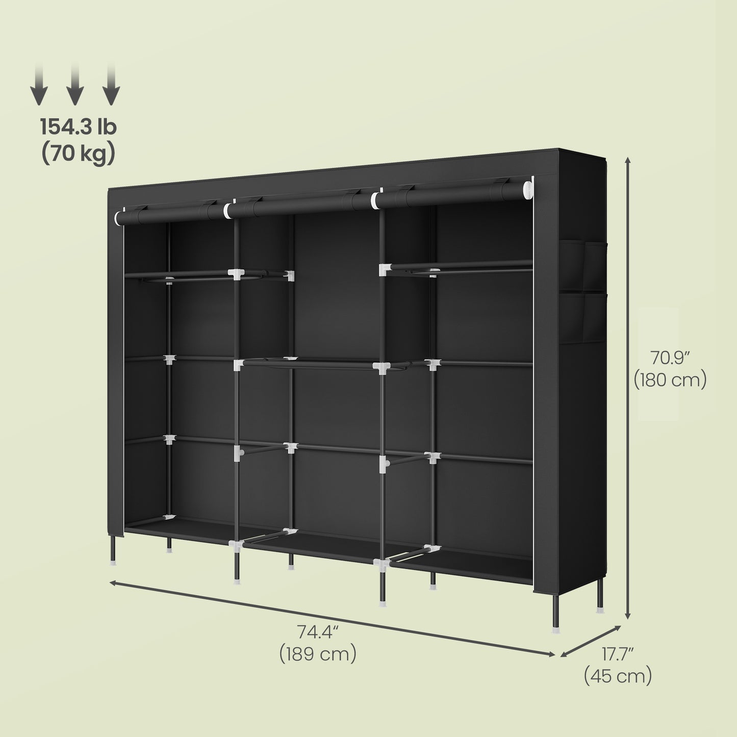 Portable Closet, Fabric Wardrobe with 4 Hanging Rods, Clothes Rack with Shelves & Side Pockets, Large Capacity, Space-Saving, Black