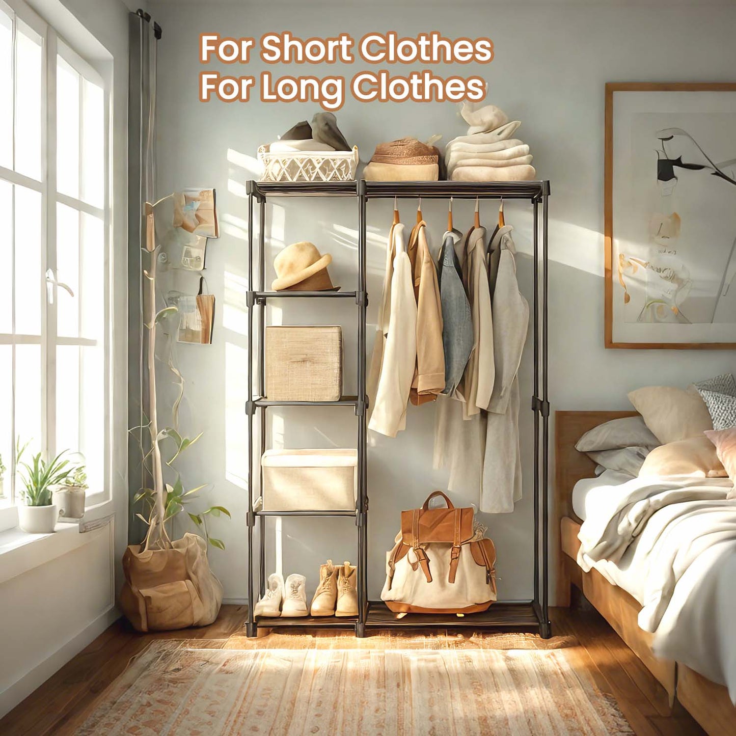 Freestanding Closet Organizer with Shelves, 2 Hanging Rods & 4 Shelves, Portable Wardrobe Rack for Bedroom, Cloakroom, Gray