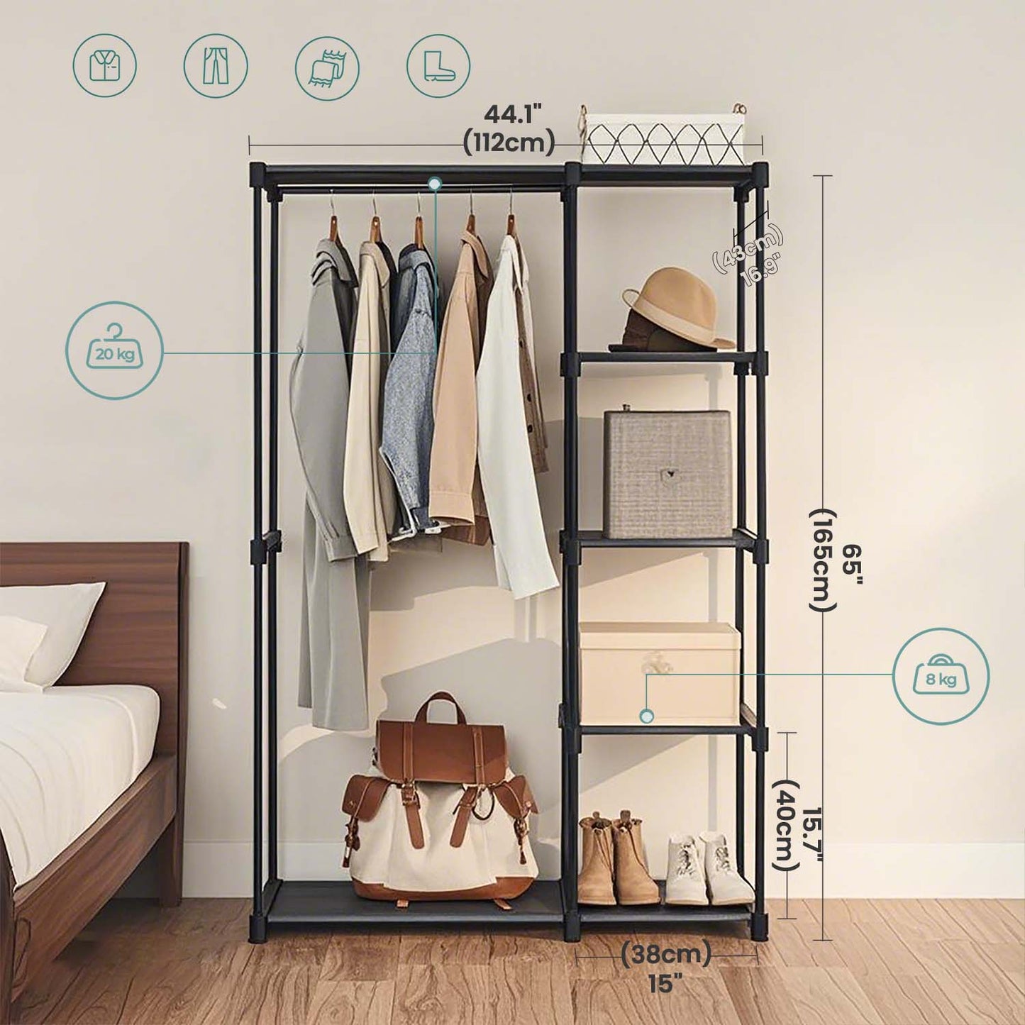 Freestanding Closet Organizer with Shelves, 2 Hanging Rods & 4 Shelves, Portable Wardrobe Rack for Bedroom, Cloakroom, Gray