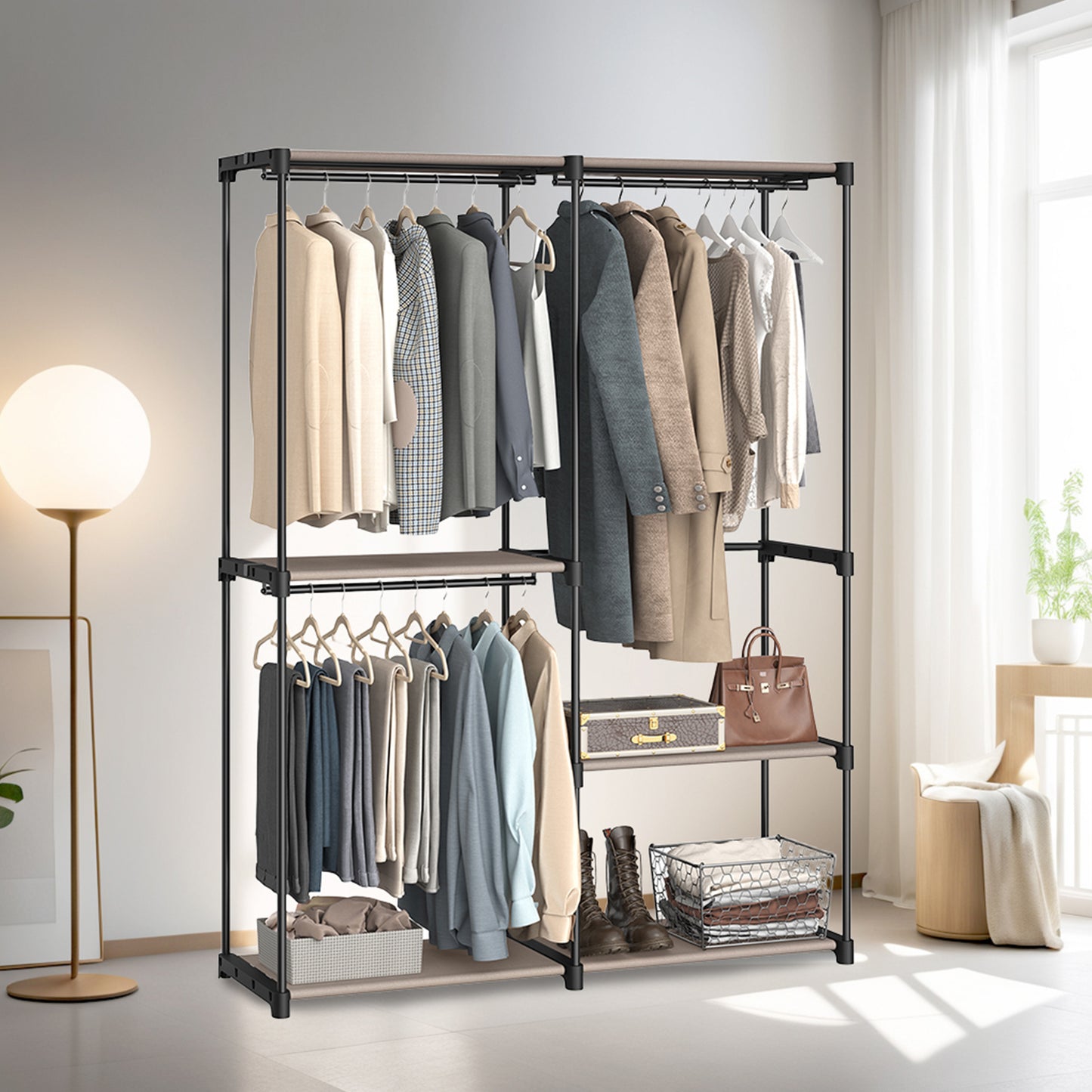 Freestanding Closet Organizer with 3 Hanging Rods & Shelves, Portable Wardrobe Rack for Bedroom Cloakroom Entryway, Tool-Free Assembly,Taupe