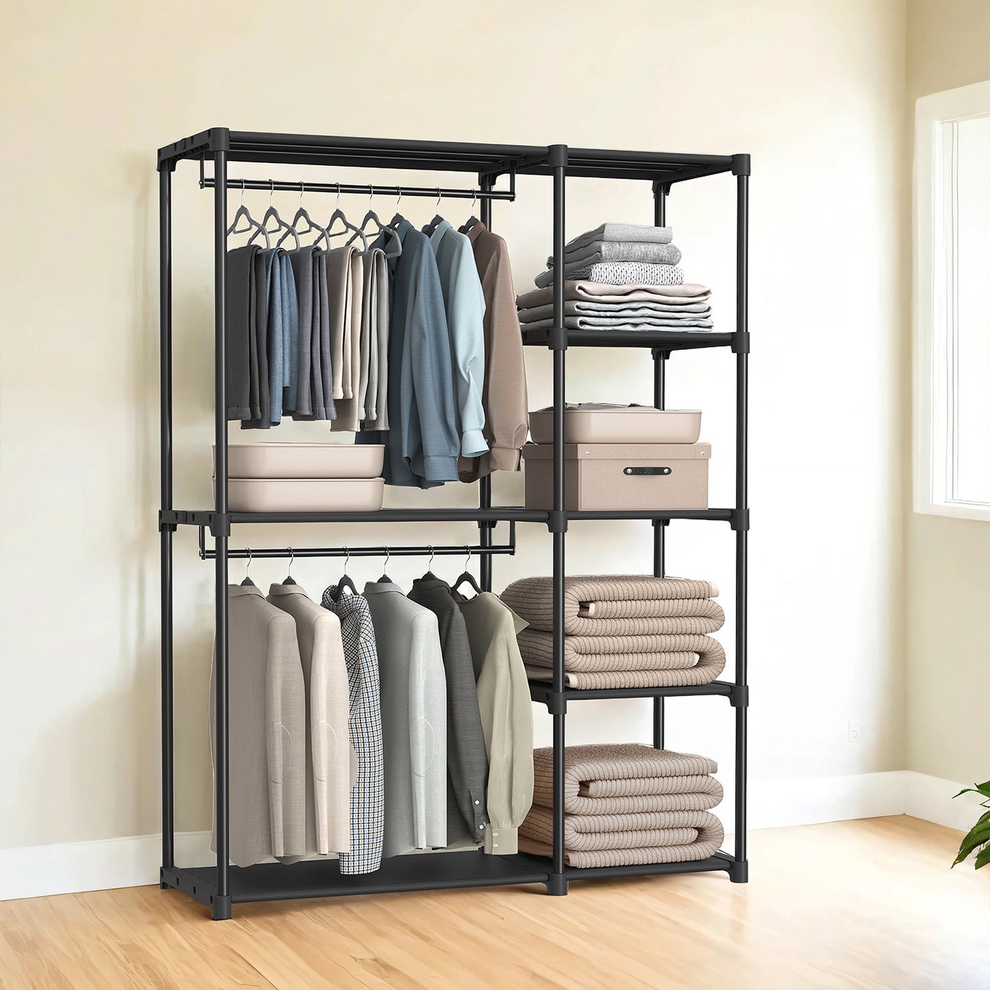 reestanding Closet Organizer with 2 Hanging Rods & Shelves, Portable Wardrobe Rack for Bedroom Cloakroom Entryway, Tool-Free Assembly, Black