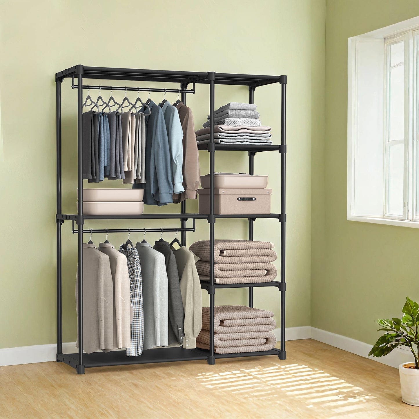 reestanding Closet Organizer with 2 Hanging Rods & Shelves, Portable Wardrobe Rack for Bedroom Cloakroom Entryway, Tool-Free Assembly, Black