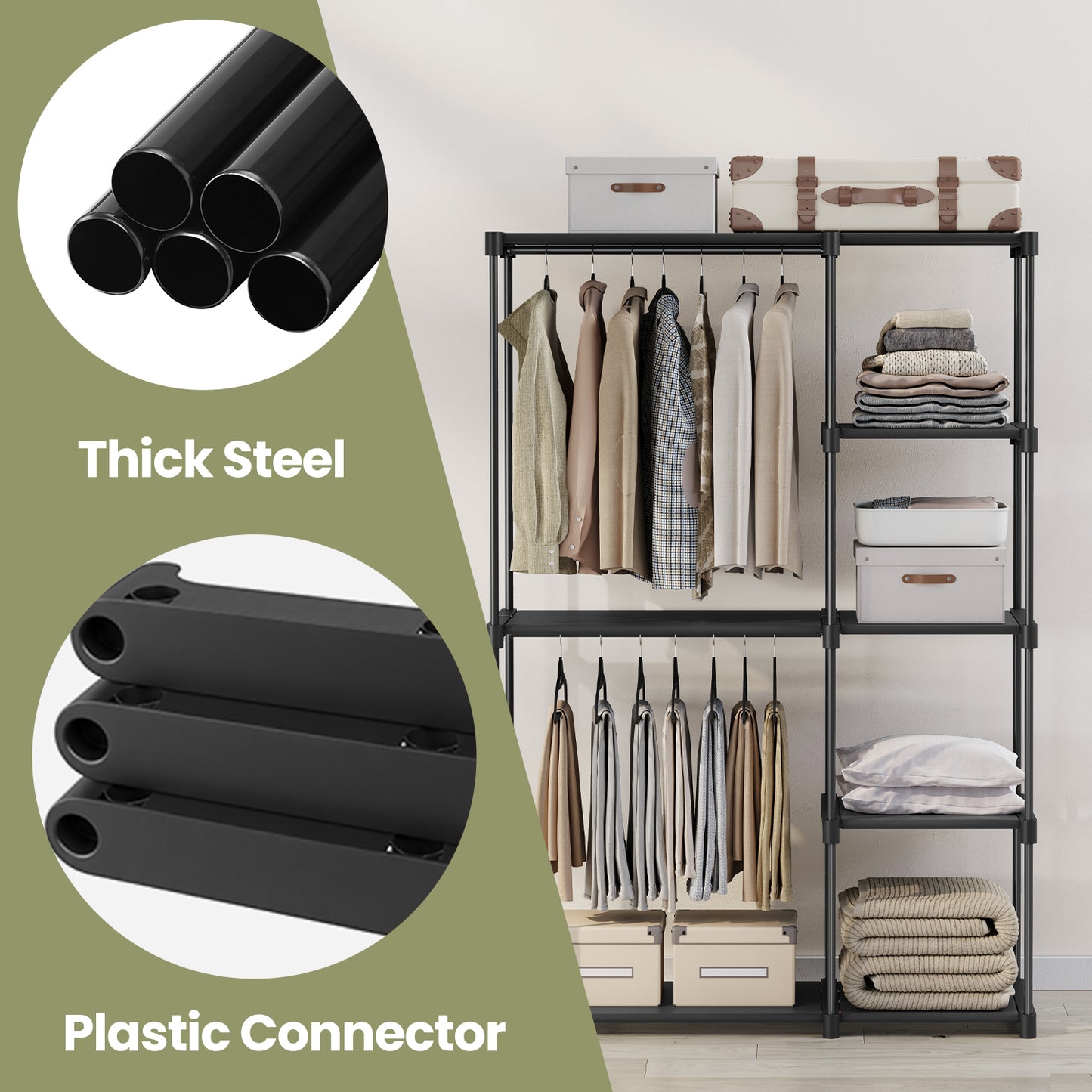 reestanding Closet Organizer with 2 Hanging Rods & Shelves, Portable Wardrobe Rack for Bedroom Cloakroom Entryway, Tool-Free Assembly, Black