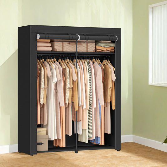 Portable Wardrobe Closet with 2 Hanging Rods & Shelves, Non-Woven Fabric Cover, Freestanding Clothing Storage Organizer for Bedroom, Tool-Free Assembly, Black