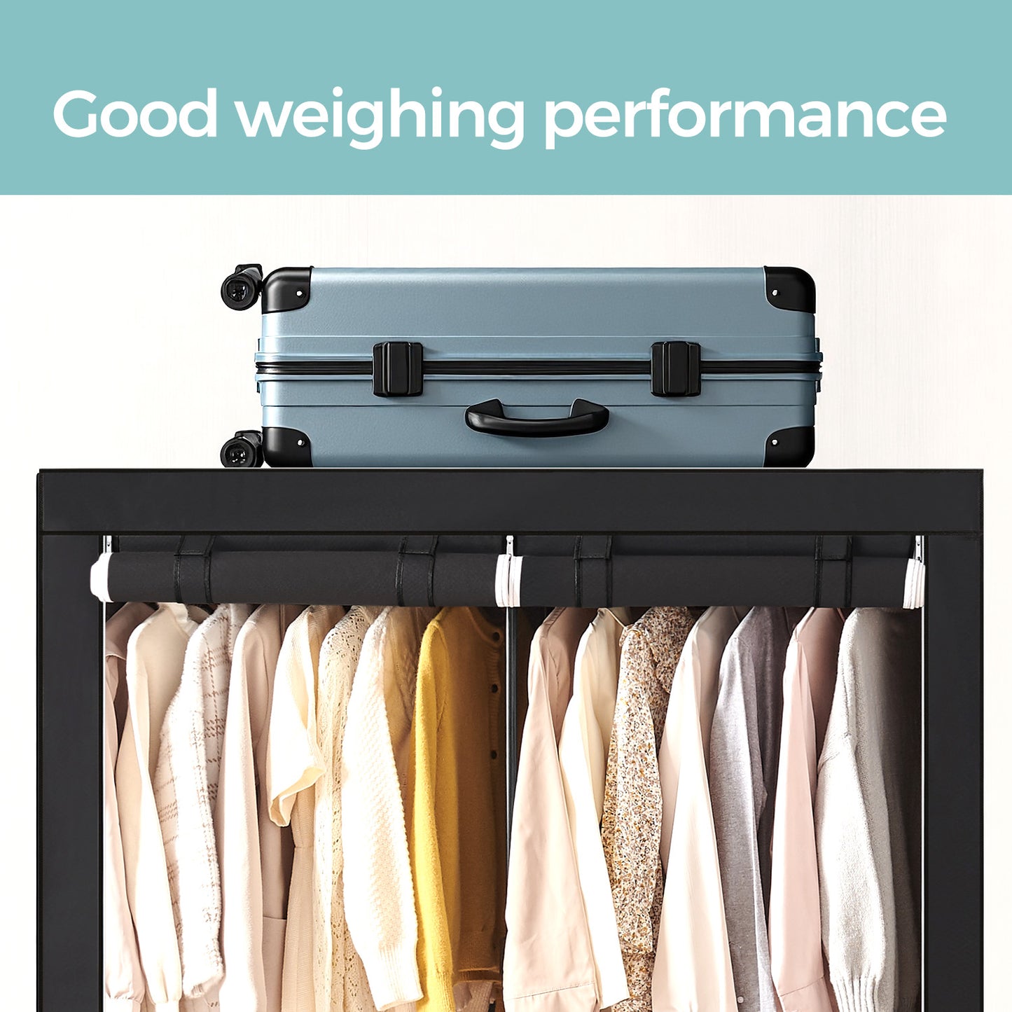 Portable Wardrobe Closet with 2 Hanging Rods & Shelves, Non-Woven Fabric Cover, Freestanding Clothing Storage Organizer for Bedroom, Tool-Free Assembly, Black