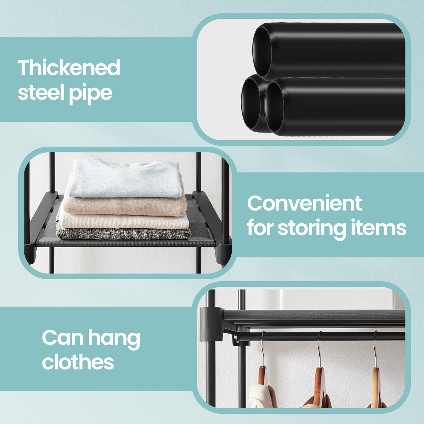 Portable Wardrobe Closet with 2 Hanging Rods & Shelves, Non-Woven Fabric Cover, Freestanding Clothing Storage Organizer for Bedroom, Tool-Free Assembly, Black