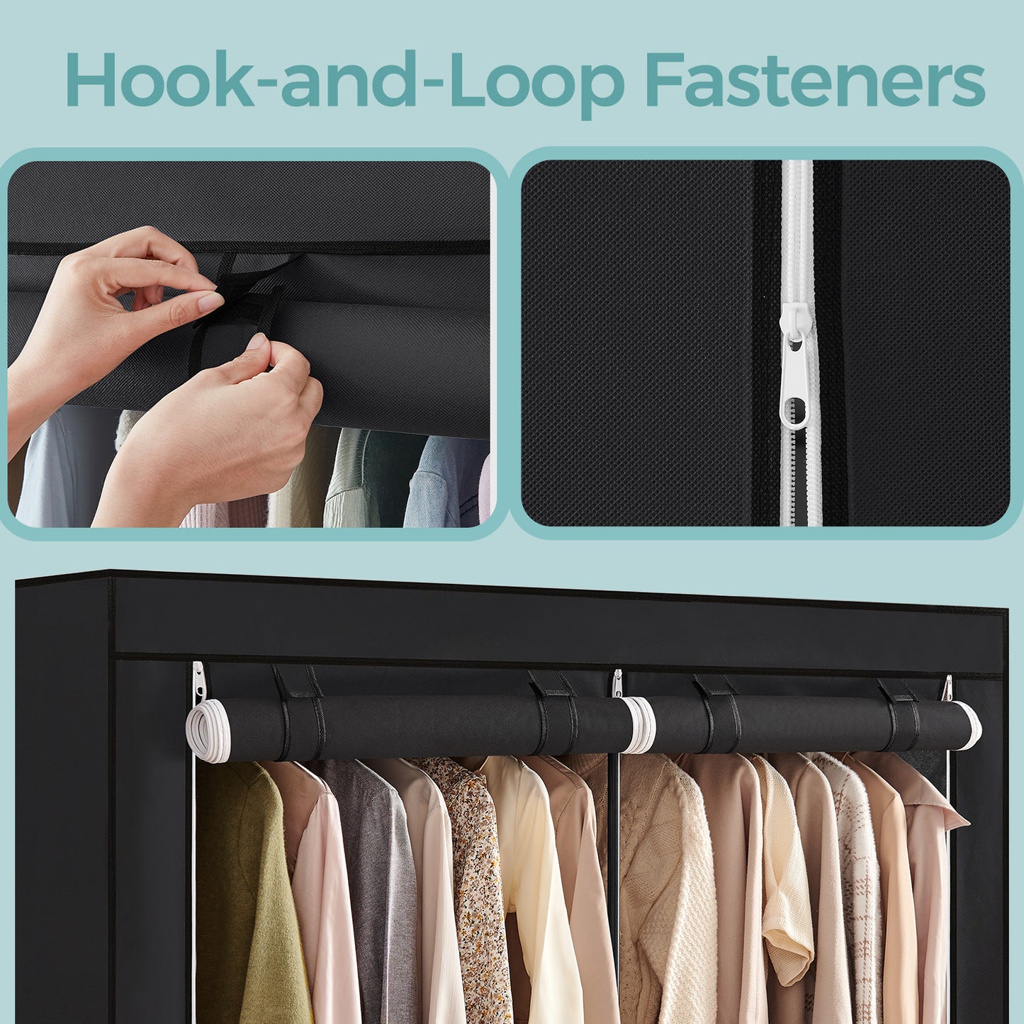 Portable Wardrobe Closet with 2 Hanging Rods & Shelves, Non-Woven Fabric Cover, Freestanding Clothing Storage Organizer for Bedroom, Tool-Free Assembly, Black