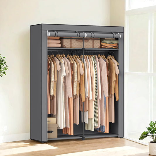 Portable Wardrobe Closet with 2 Hanging Rods & Shelves, Non-Woven Fabric Cover, Freestanding Clothing Storage Organizer for Bedroom, Tool-Free Assembly,Gray