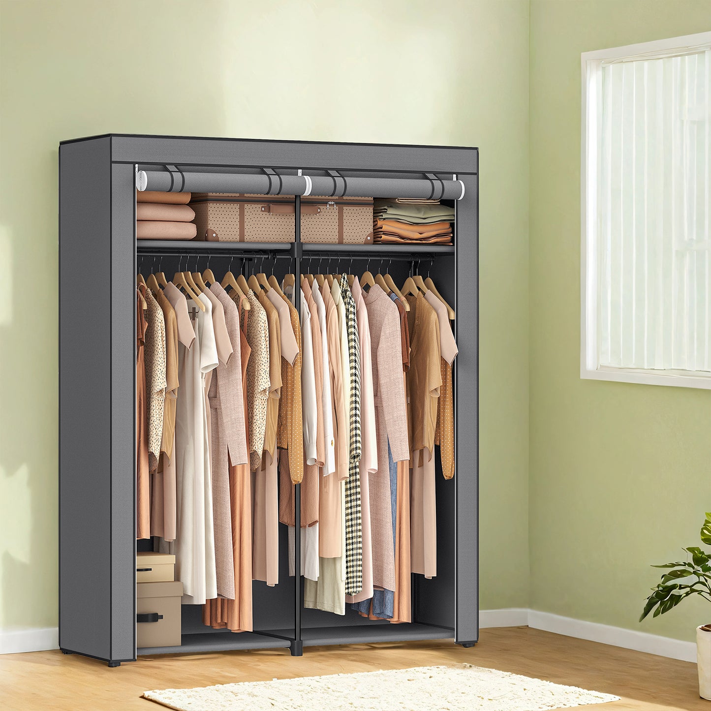 Portable Wardrobe Closet with 2 Hanging Rods & Shelves, Non-Woven Fabric Cover, Freestanding Clothing Storage Organizer for Bedroom, Tool-Free Assembly,Gray