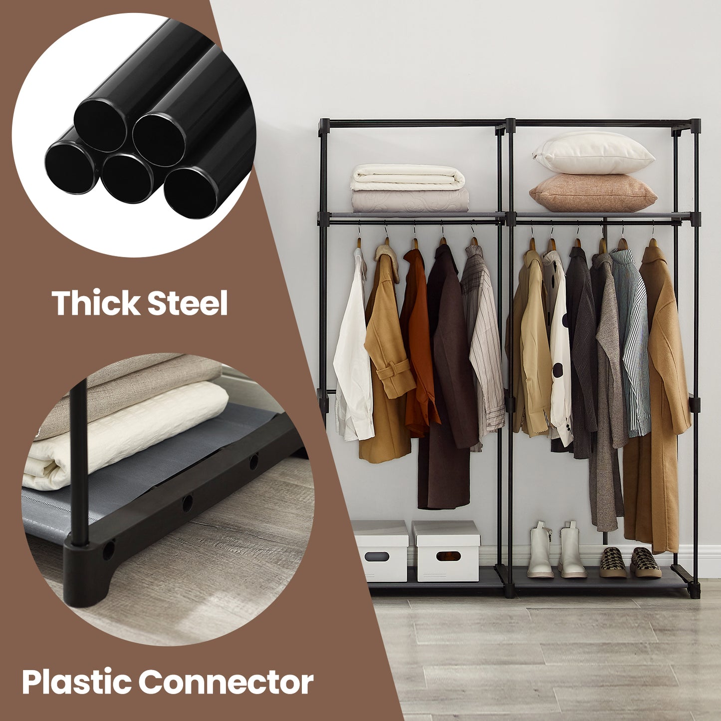 Portable Wardrobe Closet with 2 Hanging Rods & Shelves, Non-Woven Fabric Cover, Freestanding Clothing Storage Organizer for Bedroom, Tool-Free Assembly,Gray