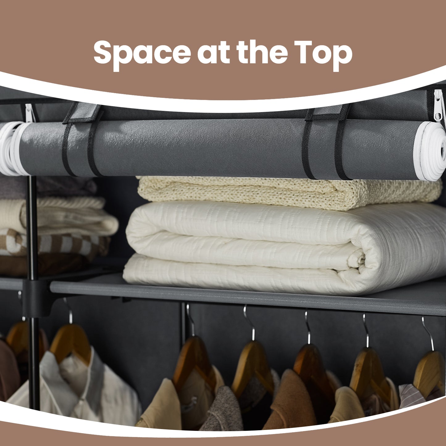 Portable Wardrobe Closet with 2 Hanging Rods & Shelves, Non-Woven Fabric Cover, Freestanding Clothing Storage Organizer for Bedroom, Tool-Free Assembly,Gray