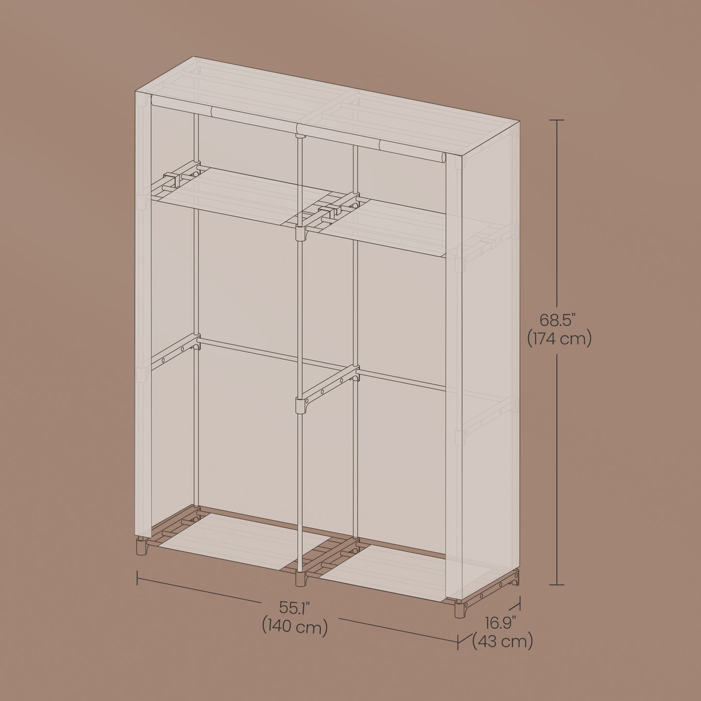 Portable Wardrobe Closet with 2 Hanging Rods & Shelves, Non-Woven Fabric Cover, Freestanding Clothing Storage Organizer for Bedroom, Tool-Free Assembly,Gray