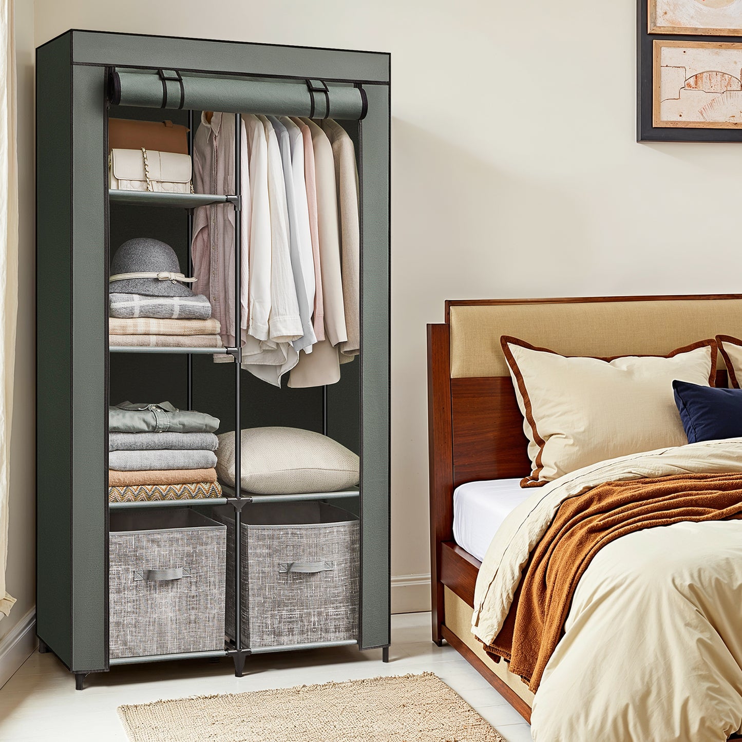 Large Capacity Wardrobe Closet Organizer with Hanging Rod & Shelves, Fabric Storage Cabinet with Cover for Bedroom/Living Room, Easy Assembly, Sage Green