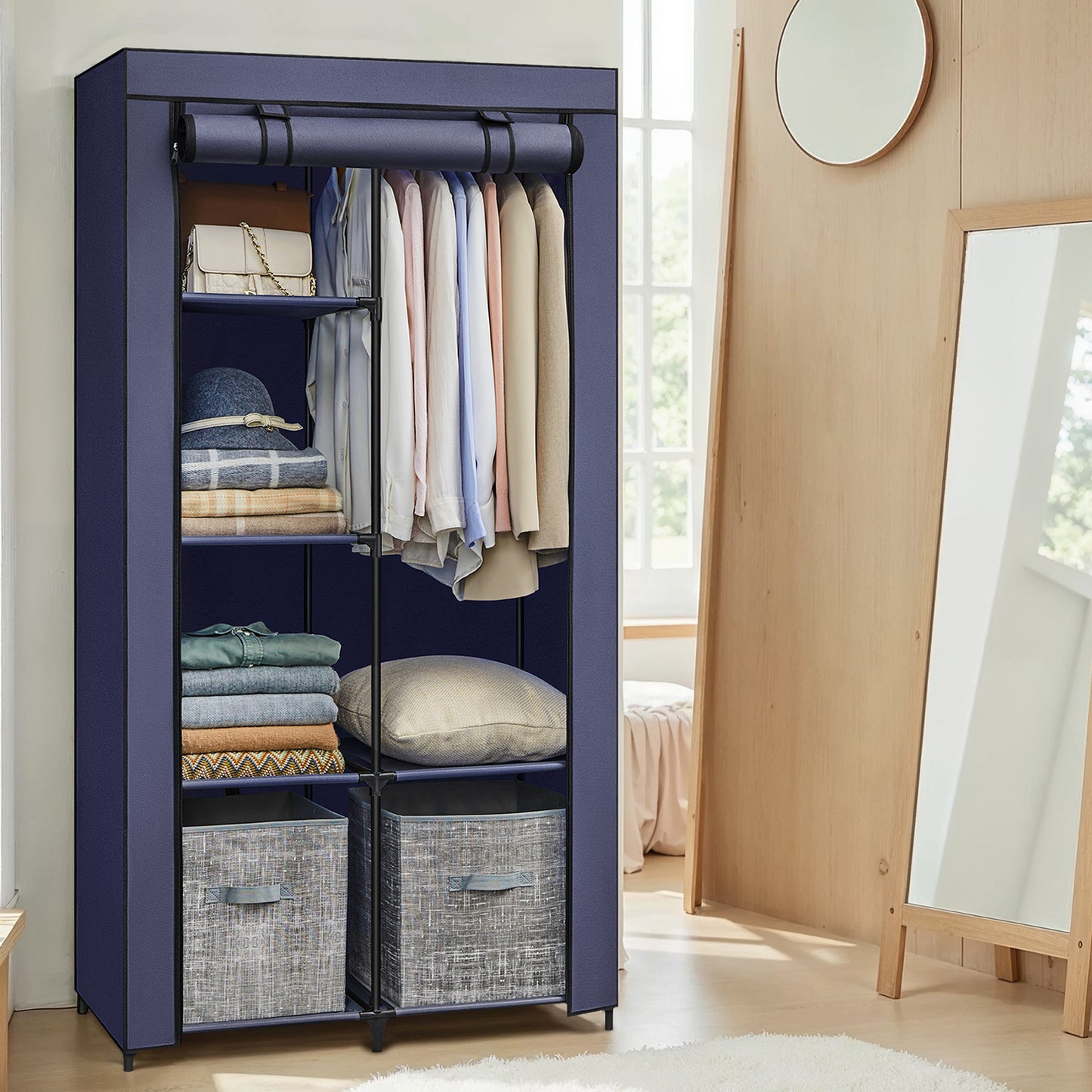 Large Capacity Wardrobe Closet Organizer with Hanging Rod & Shelves, Fabric Storage Cabinet with Cover for Bedroom/Living Room, Easy Assembly,Dark Blue
