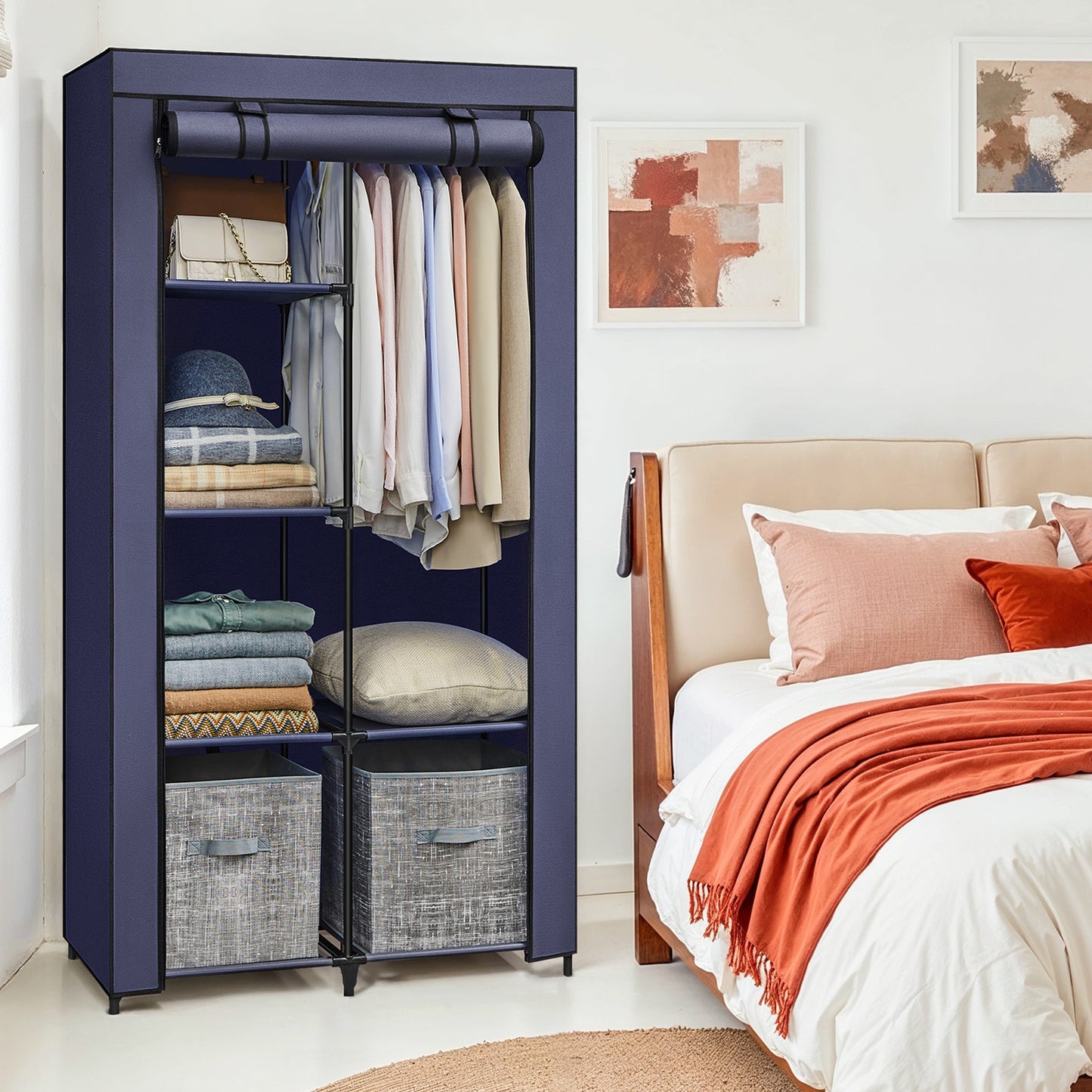 Large Capacity Wardrobe Closet Organizer with Hanging Rod & Shelves, Fabric Storage Cabinet with Cover for Bedroom/Living Room, Easy Assembly,Dark Blue
