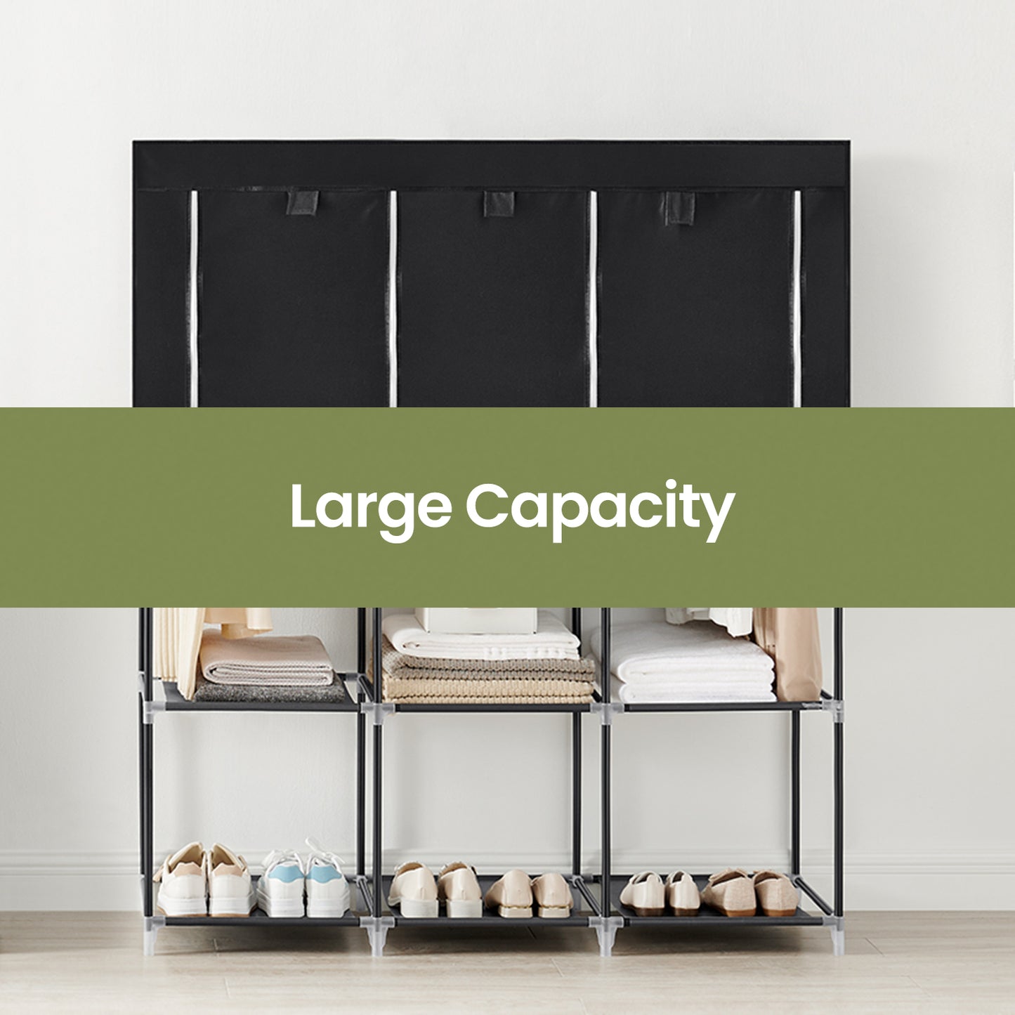 Large Wardrobe Closet Organizer with 3 Hanging Rods & 4 Side Pockets, Fabric Storage with Cover for Bedroom/Living Room, Easy Tool-Free Assembly,Ink Black