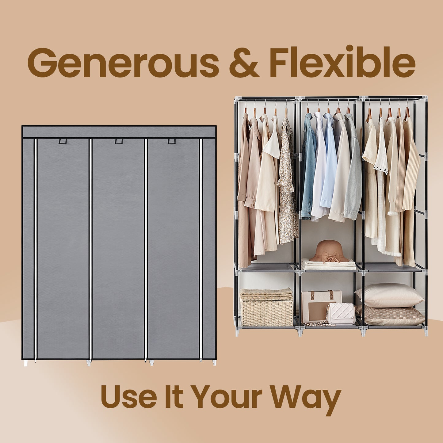 Large Wardrobe Closet Organizer with 3 Hanging Rods & 4 Side Pockets, Fabric Storage with Cover for Bedroom/Living Room, Easy Tool-Free Assembly,Gray