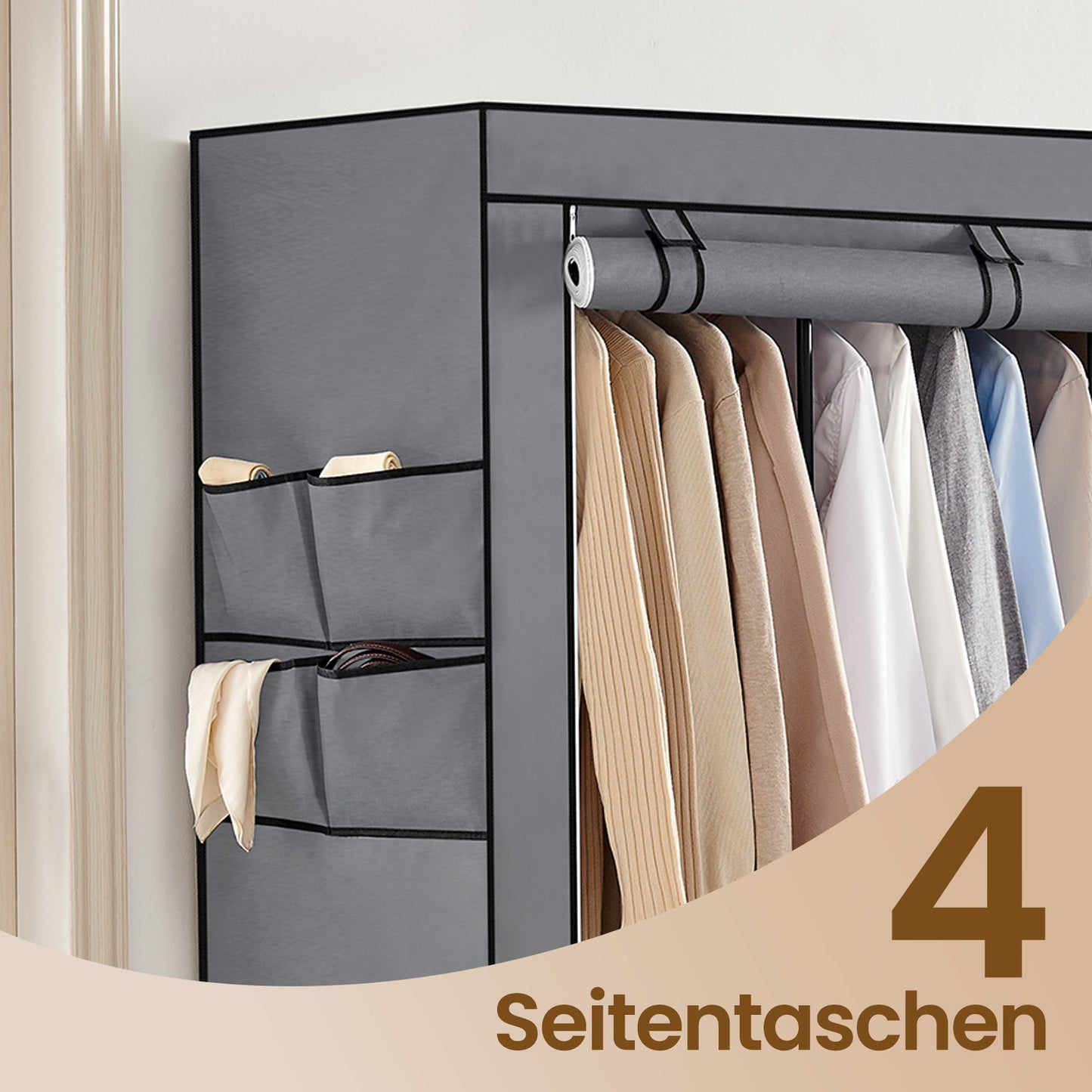 Large Wardrobe Closet Organizer with 3 Hanging Rods & 4 Side Pockets, Fabric Storage with Cover for Bedroom/Living Room, Easy Tool-Free Assembly,Gray