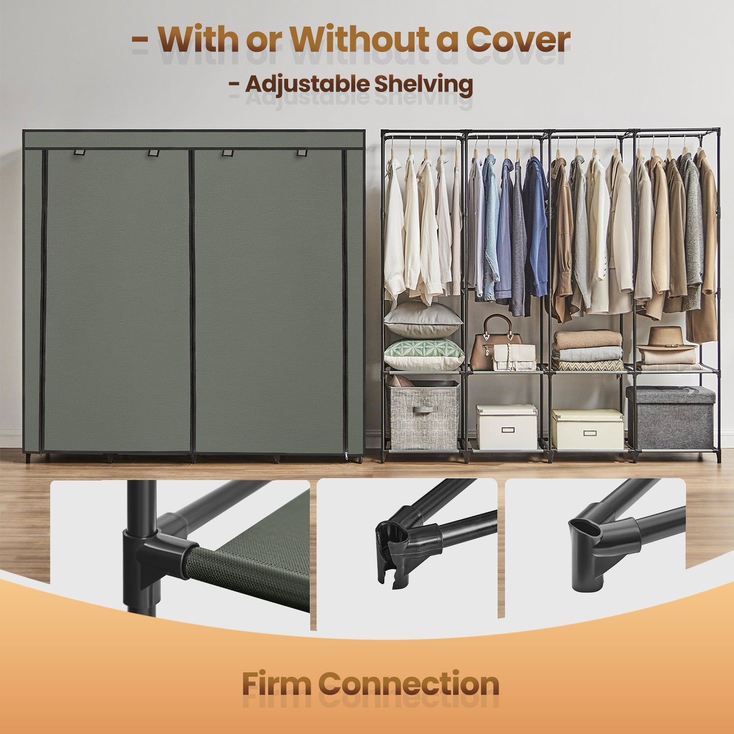 Large Wardrobe Closet with 4 Hanging Rods & 4 Side Pockets, Fabric Storage Organizer for Bedroom/Living Room, Easy Tool-Free Assembly,Sage Green