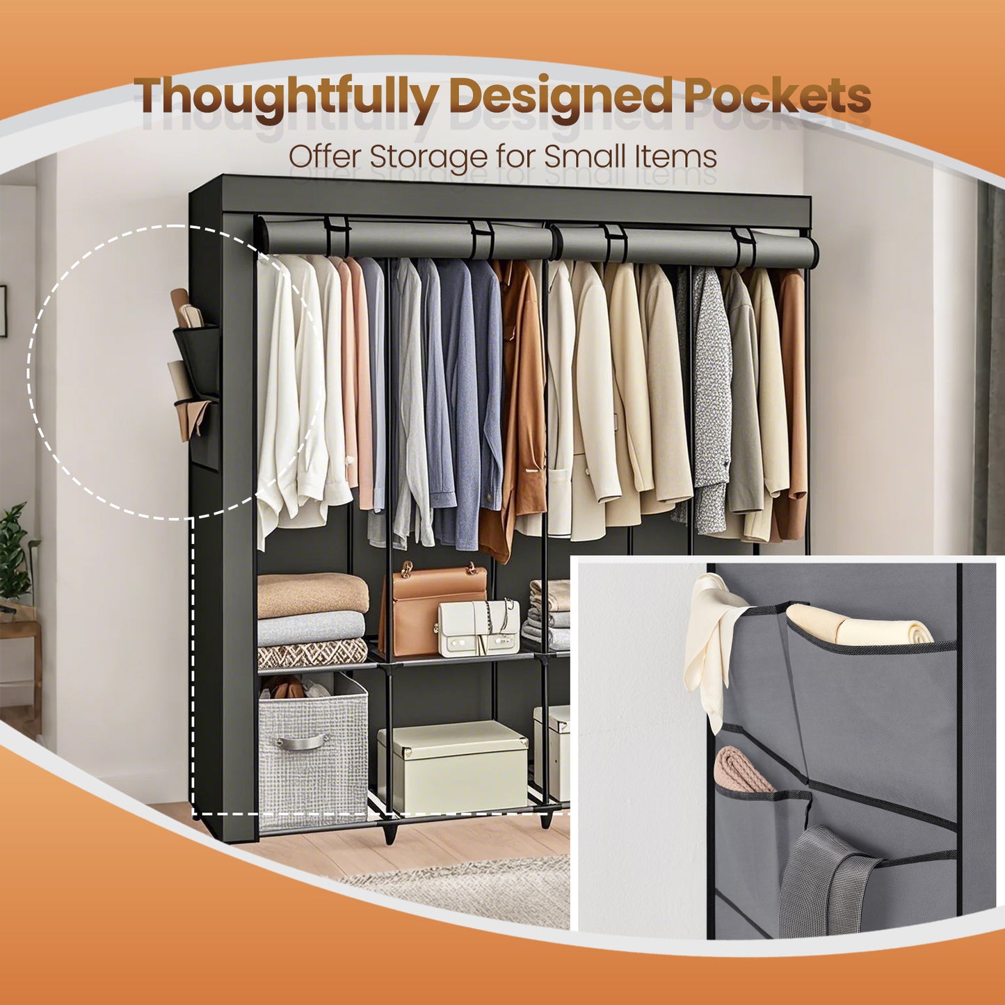 Large Wardrobe Closet with 4 Hanging Rods & 4 Side Pockets, Fabric Storage Organizer for Bedroom/Living Room, Easy Tool-Free Assembly,Sage Green