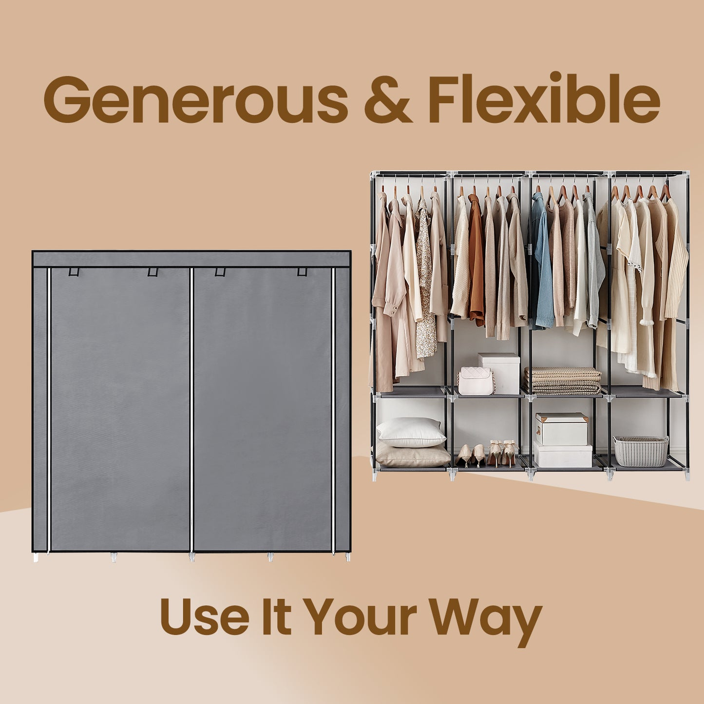 Large Wardrobe Closet with 4 Hanging Rods & 4 Side Pockets, Fabric Storage Organizer for Bedroom/Living Room, Easy Tool-Free Assembly,Gray