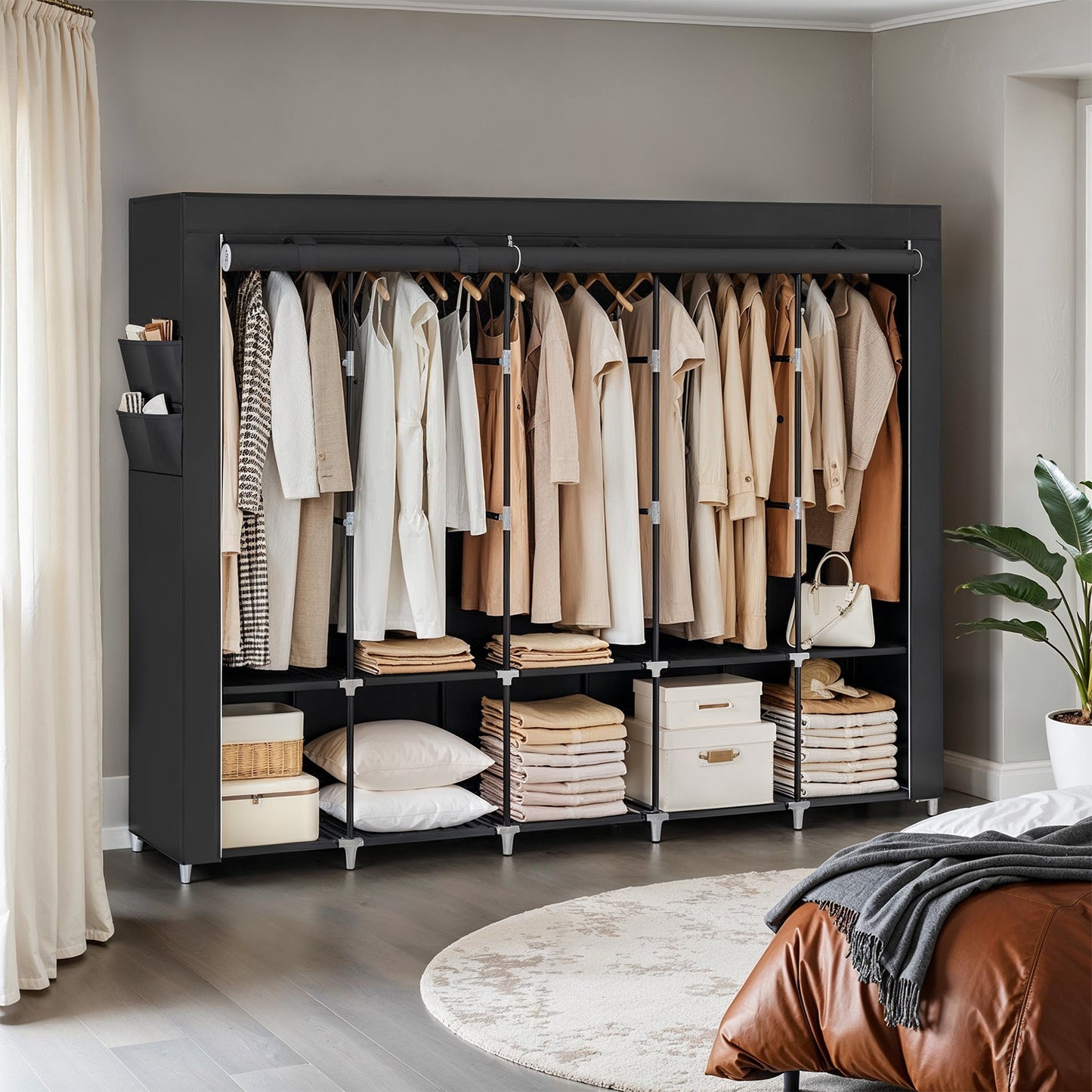 Portable Closet Organizer with Cover - 5 Hanging Rods, 4 Shelves & Pockets, Freestanding Wardrobe for Bedroom/Living Room,  Ink Black