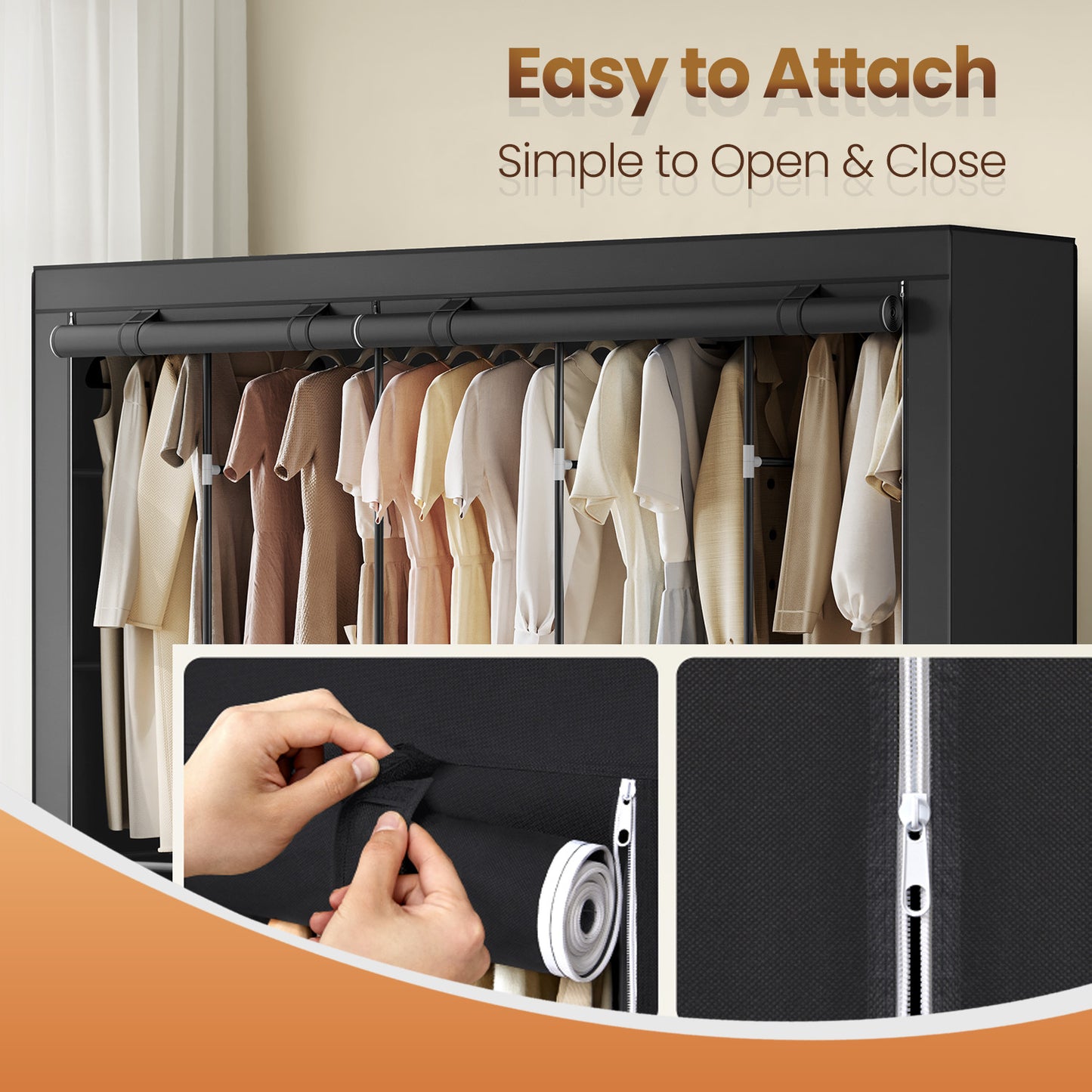 Portable Closet Organizer with Cover - 5 Hanging Rods, 4 Shelves & Pockets, Freestanding Wardrobe for Bedroom/Living Room,  Ink Black