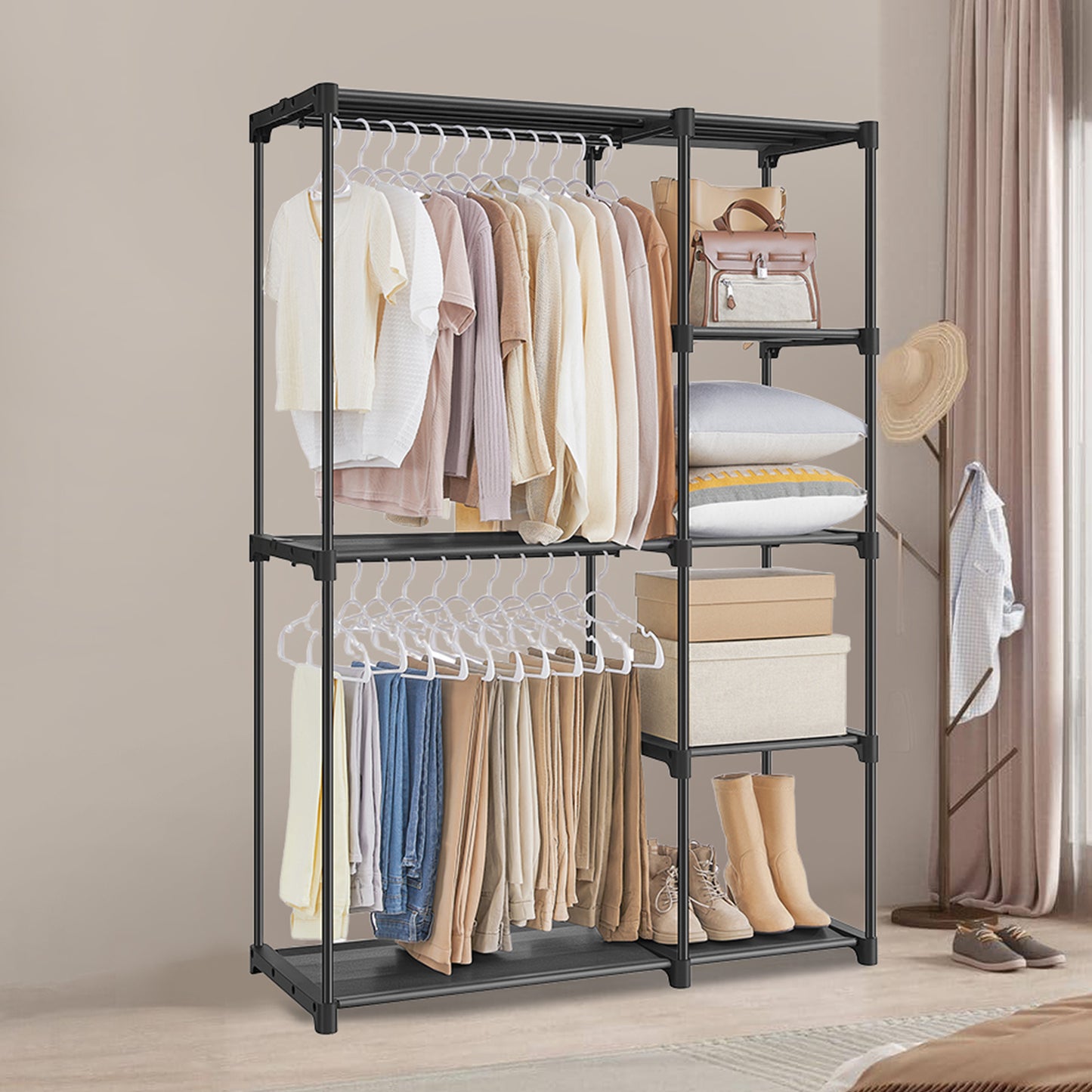 Freestanding Closet Organizer with Hanging Rods & Shelves - Portable Wardrobe for Bedroom, Hallway, 65 Inch Height,Black