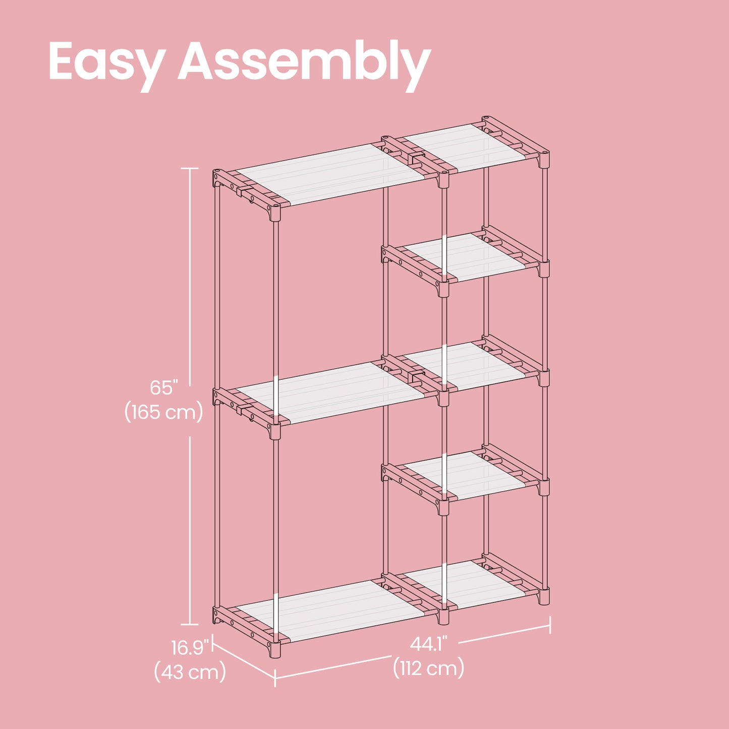 Freestanding Closet Organizer with Hanging Rods & Shelves - Portable Wardrobe for Bedroom, Hallway, 65 Inch Height,Black
