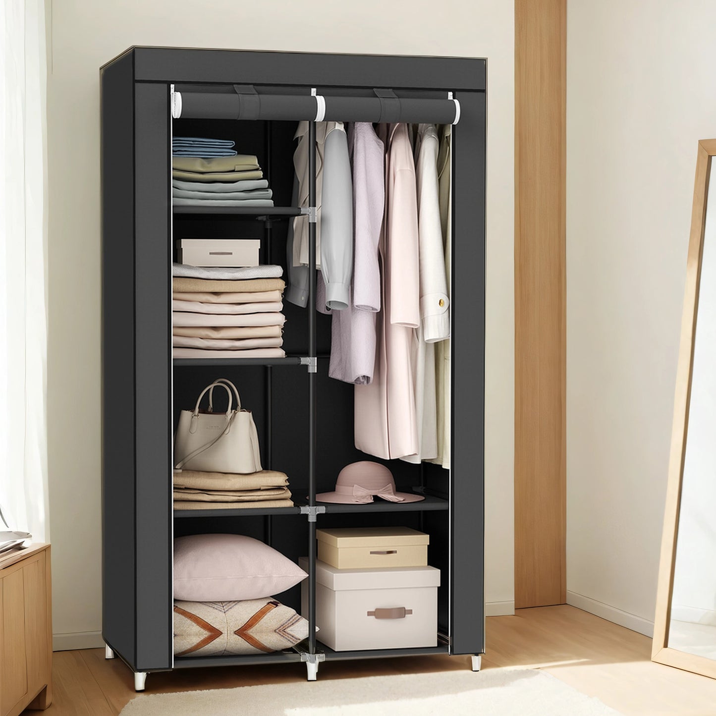 Portable Closet Organizer with Hanging Rail & 6 Shelves - Freestanding Storage Wardrobe for Bedroom, 66.1 Inch, Black