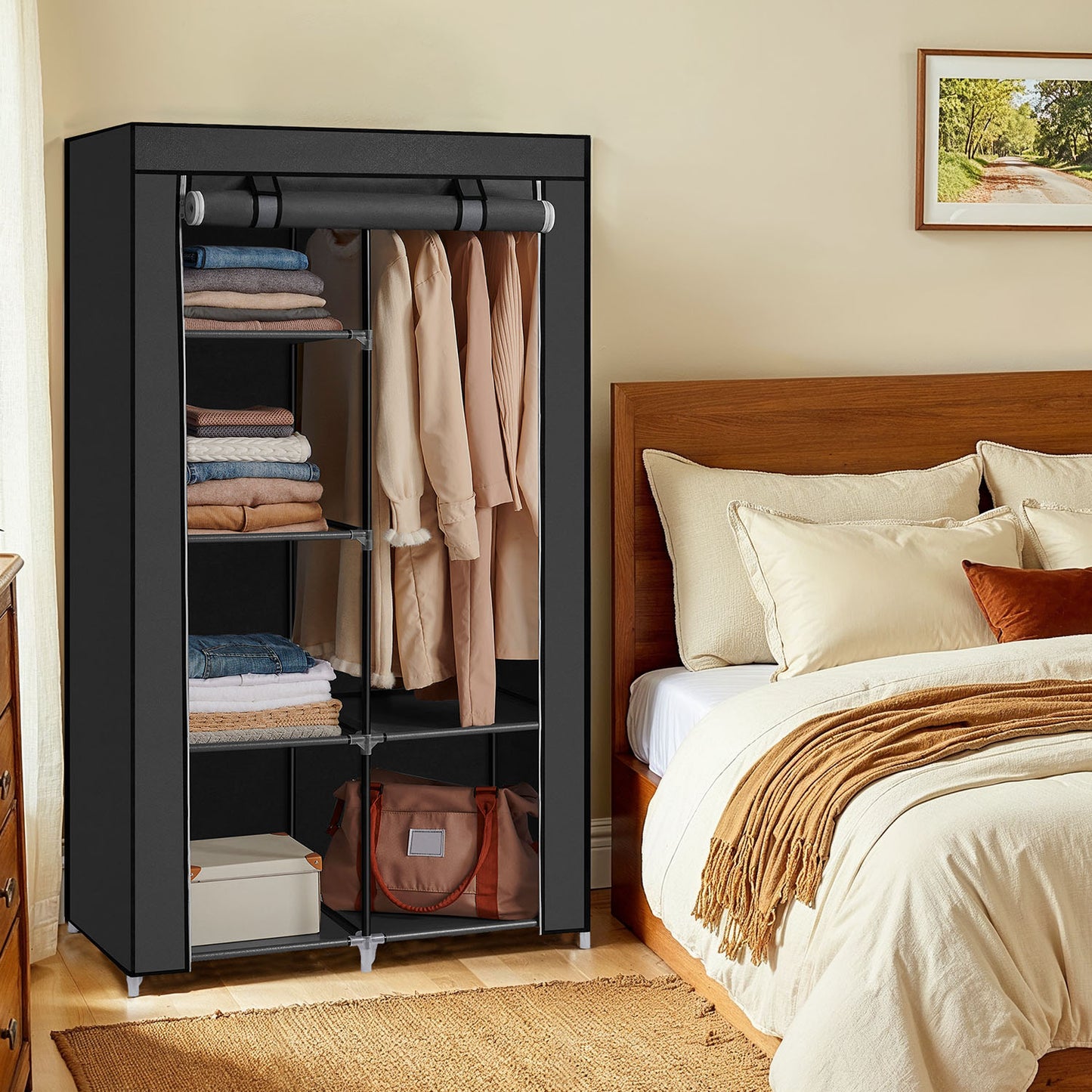 Portable Closet Organizer with Hanging Rail & 6 Shelves - Freestanding Storage Wardrobe for Bedroom, 66.1 Inch, Black