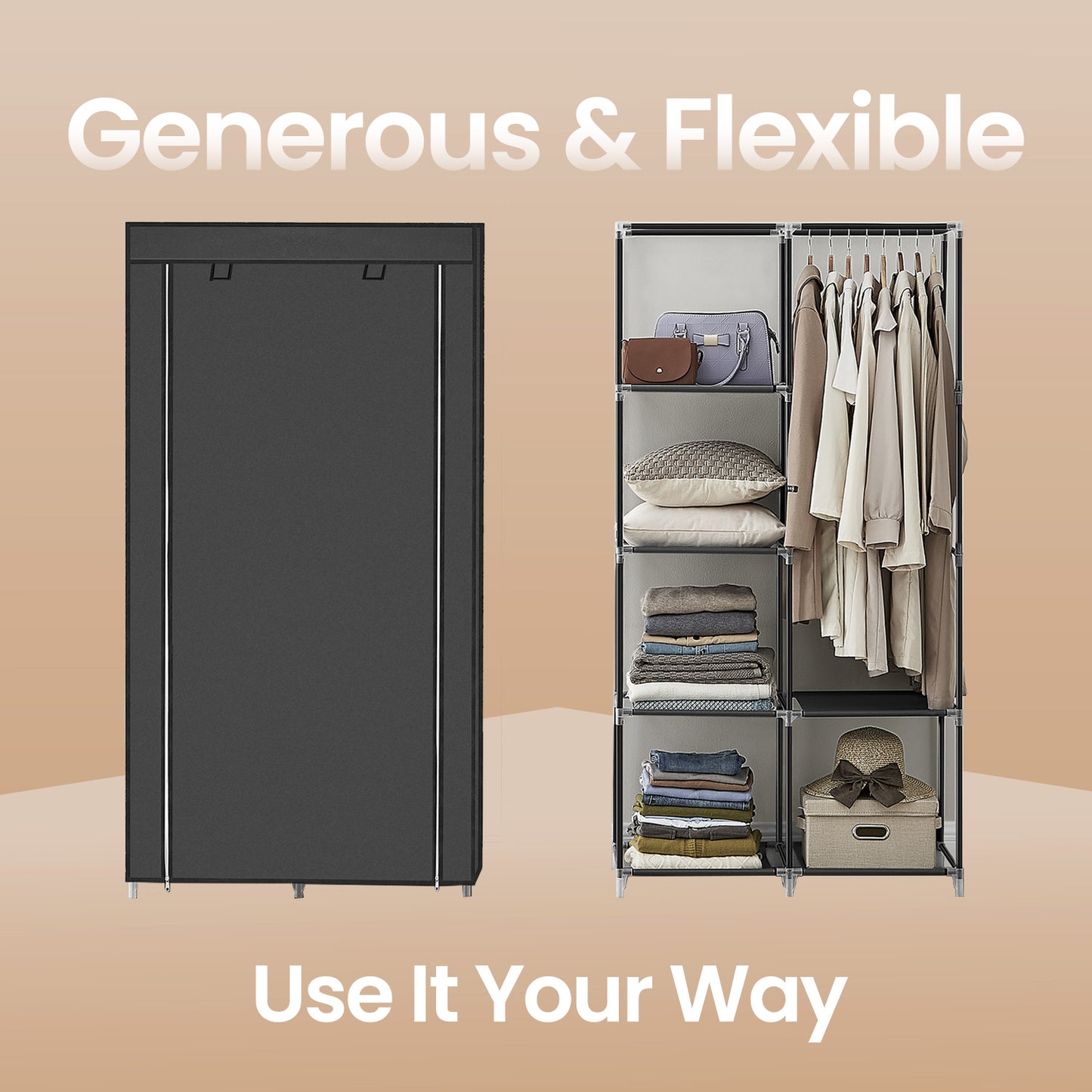 Portable Closet Organizer with Hanging Rail & 6 Shelves - Freestanding Storage Wardrobe for Bedroom, 66.1 Inch, Black