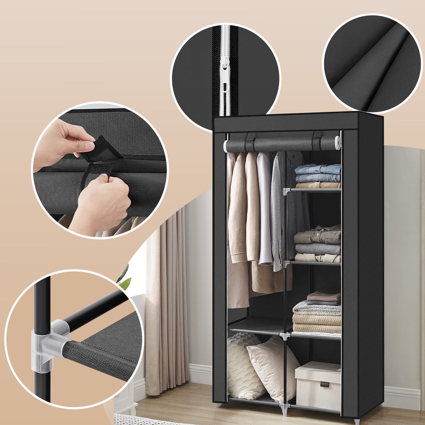 Portable Closet Organizer with Hanging Rail & 6 Shelves - Freestanding Storage Wardrobe for Bedroom, 66.1 Inch, Black