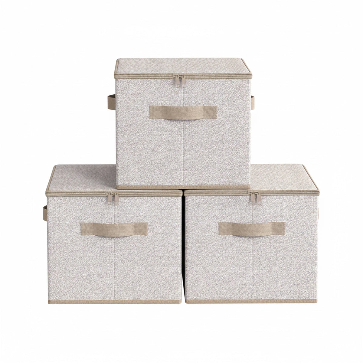 LEDREM Set of 3 Foldable Storage Boxes with Lids and Handles, Non-Woven Clothes Organizer Baskets, Beige