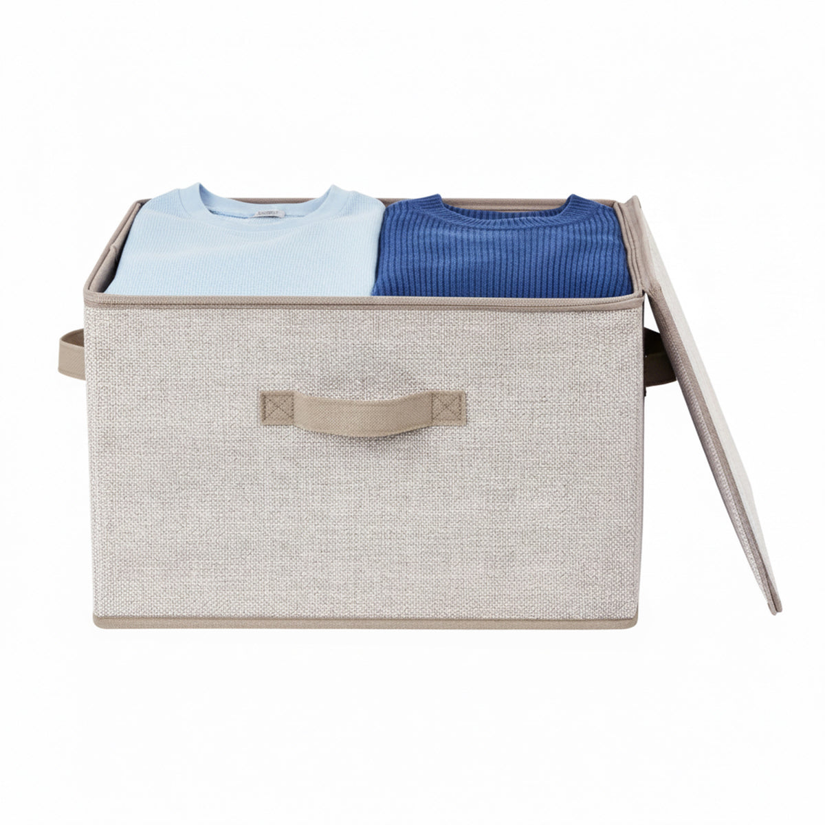 LEDREM Set of 3 Foldable Storage Boxes with Lids and Handles, Non-Woven Clothes Organizer Baskets, Beige