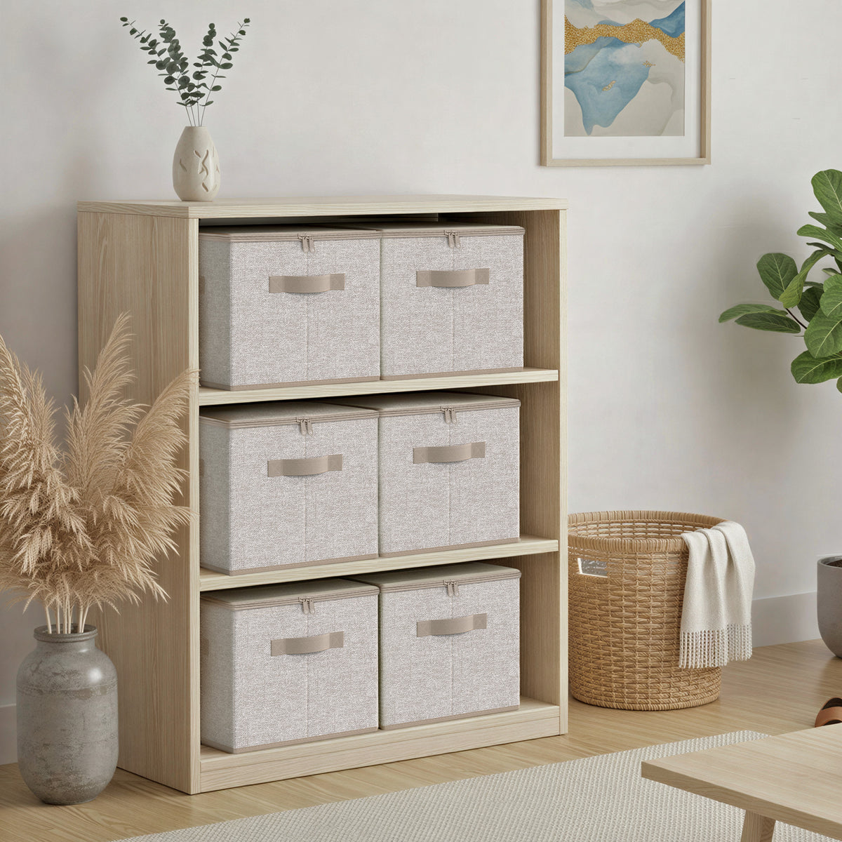 LEDREM Set of 3 Foldable Storage Boxes with Lids and Handles, Non-Woven Clothes Organizer Baskets, Beige