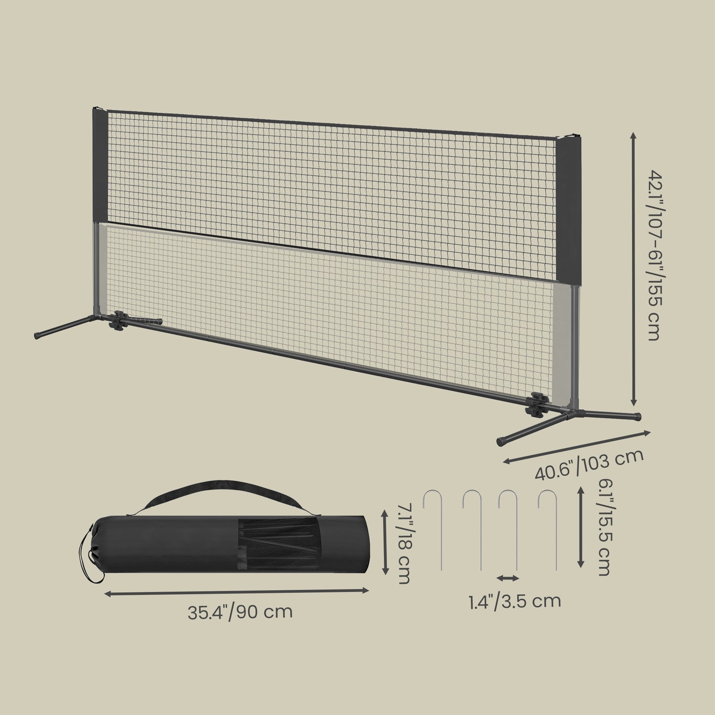 Adjustable Height Multi-Sport Net for Badminton, Pickleball, Volleyball & Junior Tennis, Portable Foldable Design with Carry Bag, 10ft Wide, Black