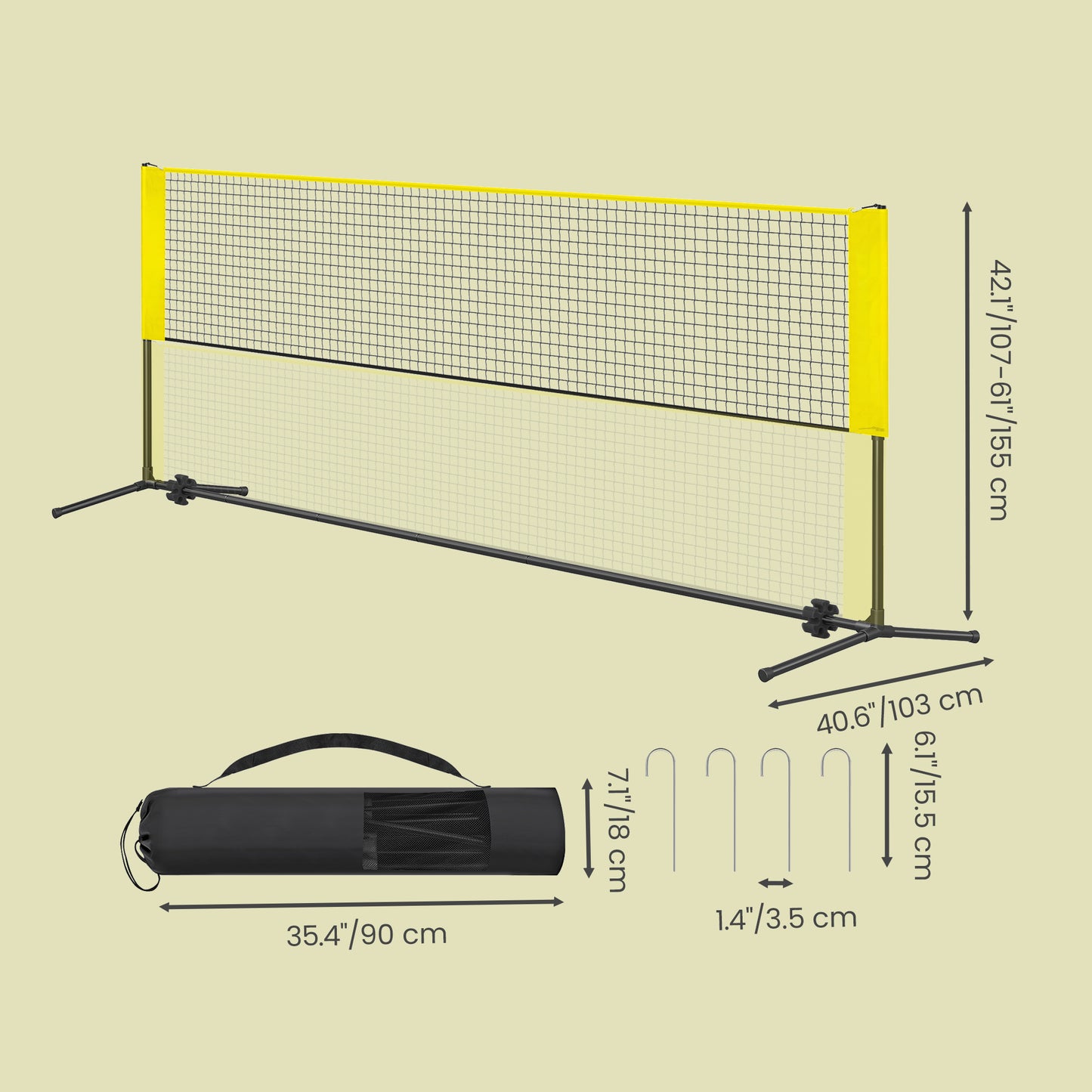 Height-Adjustable Portable Sports Net, 10ft Multi-Sport Net for Badminton, Pickleball, Volleyball, Junior Tennis with Foldable Poles & Carry Bag, Yellow