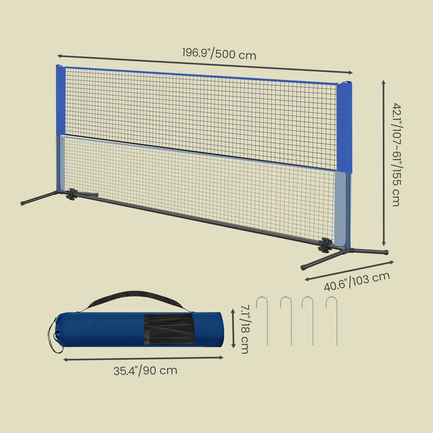 Adjustable Sports Net for Badminton, Volleyball, Pickleball & Junior Tennis, 16.5ft Wide Portable Net System with Poles & Carry Bag, Blue