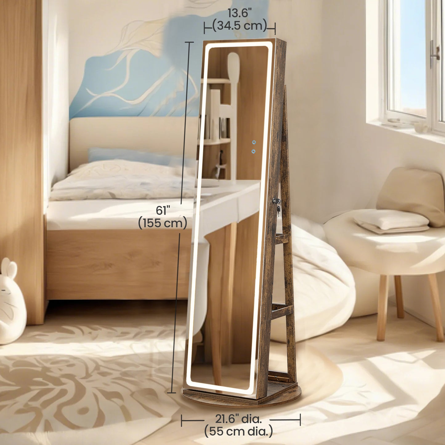 LED Illuminated Jewelry Armoire with Full-Length Mirror, Lockable Storage for 108 Earrings/78 Rings, Vanity Table, Rustic Brown