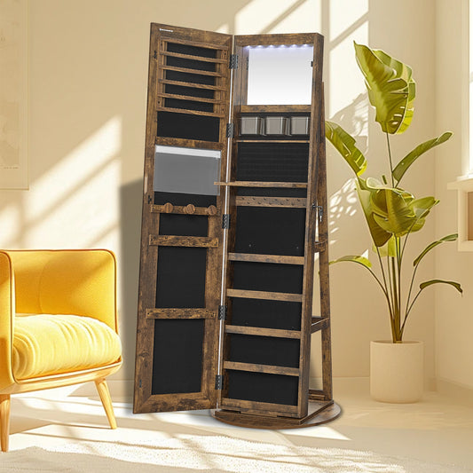 LED Illuminated Jewelry Armoire with Full-Length Mirror, Lockable Storage for 108 Earrings/78 Rings, Vanity Table, Rustic Brown
