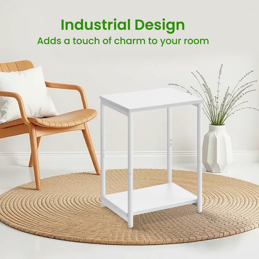 Side Tables Set of 2, Slim Industrial End Tables with 2-Tier Storage, Sturdy Steel Frame & Particleboard, for Living Room,Bedroom,Office, White