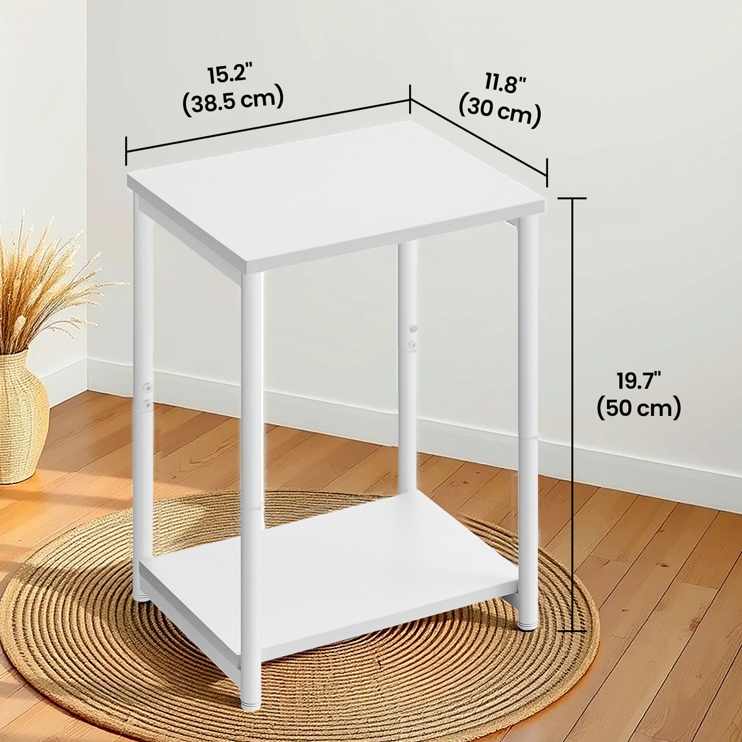 Side Tables Set of 2, Slim Industrial End Tables with 2-Tier Storage, Sturdy Steel Frame & Particleboard, for Living Room,Bedroom,Office, White