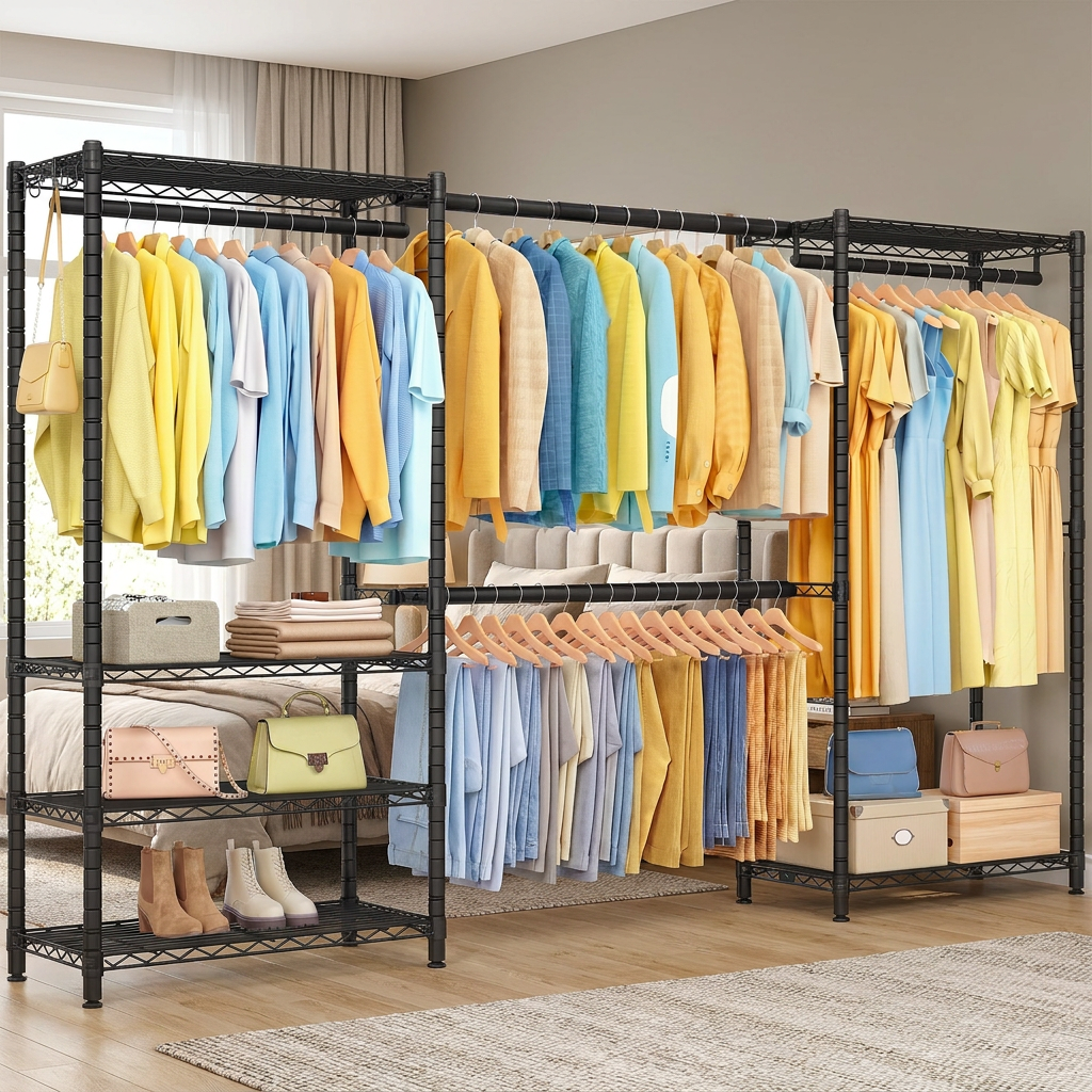 Extendable Heavy-Duty Clothes Rack, Portable Garment Rack with Adjustable Mesh Shelves & Hanging Rails, Hooks, Ink Black