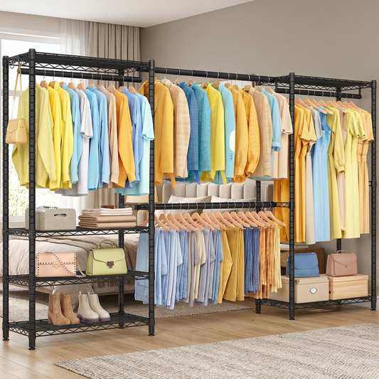Extendable Heavy-Duty Clothes Rack, Portable Garment Rack with Adjustable Mesh Shelves & Hanging Rails, Hooks, Ink Black