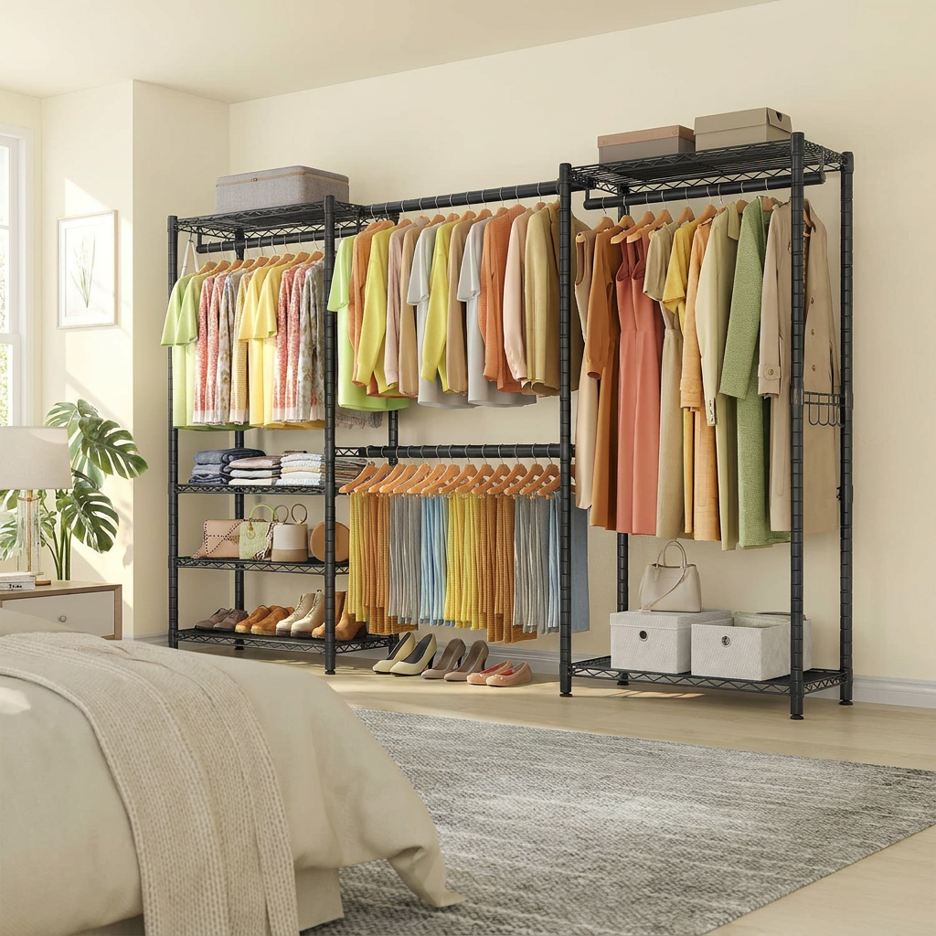 Extendable Heavy-Duty Clothes Rack, Portable Garment Rack with Adjustable Mesh Shelves & Hanging Rails, Hooks, Ink Black