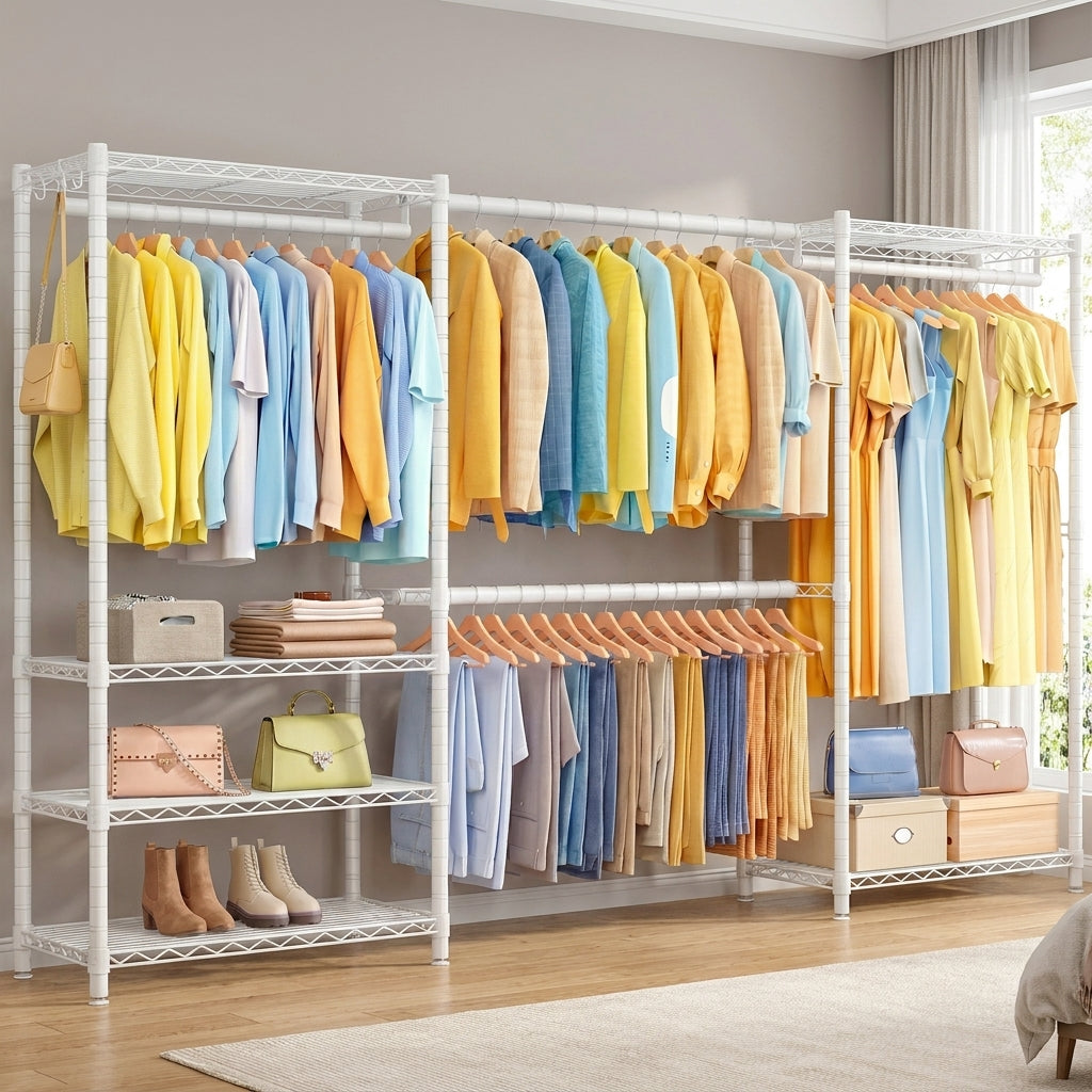 Extendable Heavy-Duty Clothes Rack, Portable Garment Rack with Adjustable Mesh Shelves & Hanging Rails, Hooks, White