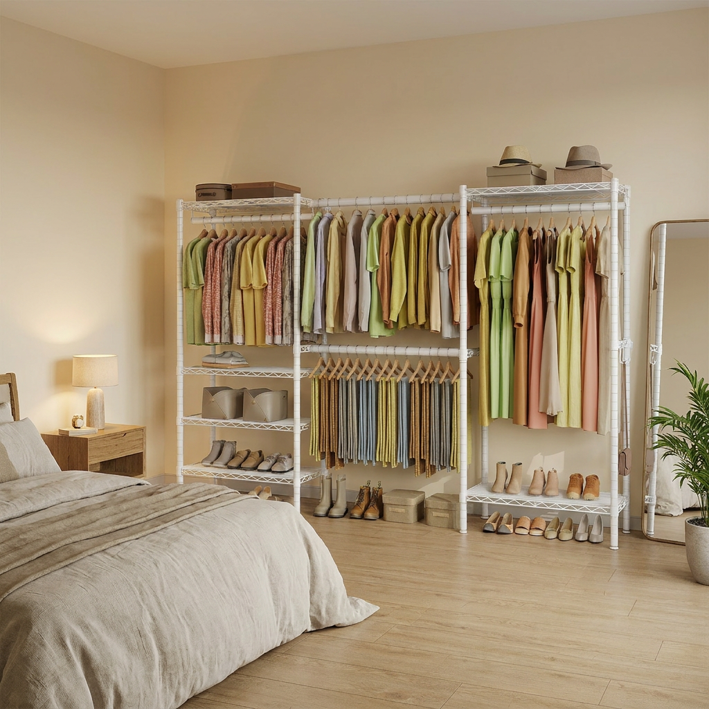 Extendable Heavy-Duty Clothes Rack, Portable Garment Rack with Adjustable Mesh Shelves & Hanging Rails, Hooks, White